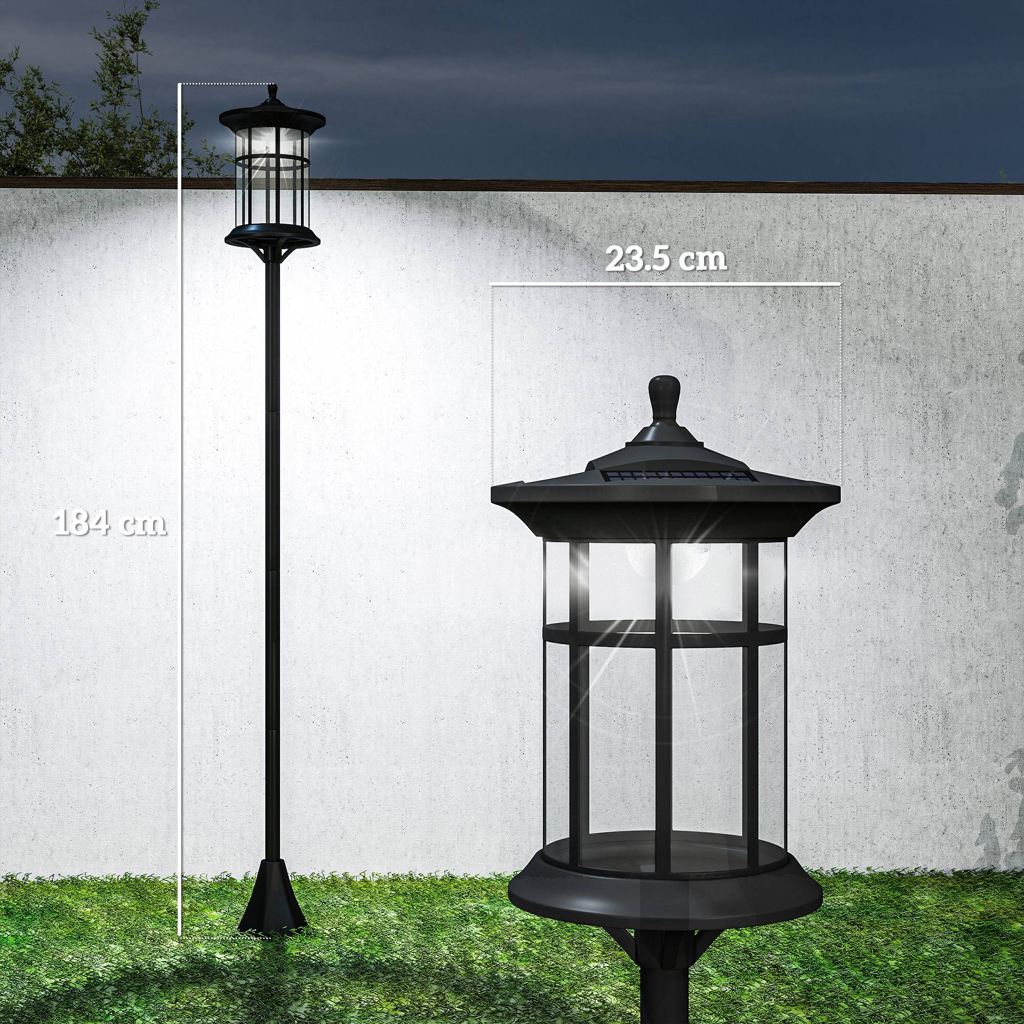 Lot de 2 lampadaires solaires avec autonomie de 6 heures et ancrage au sol, acier inoxydable et ABS, 23,5 x 23,5 x 184 cm, noir - Image 5