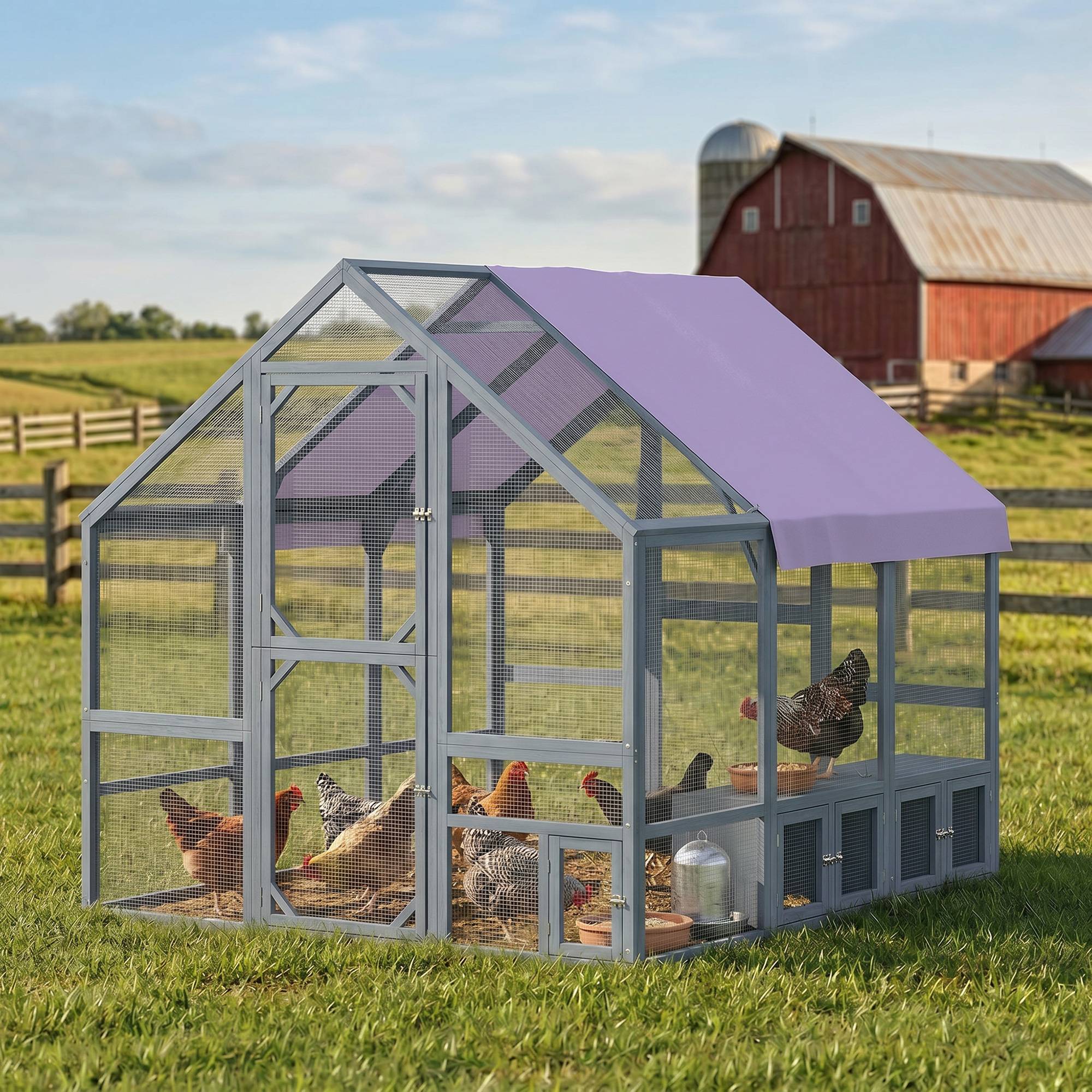 Poulailler en bois avec toile imperméable, 2 pondoirs, 2 perchoirs, pour 8 à 10 poules, 211 x 186,5 x 185,5 cm, gris foncé - Image 3