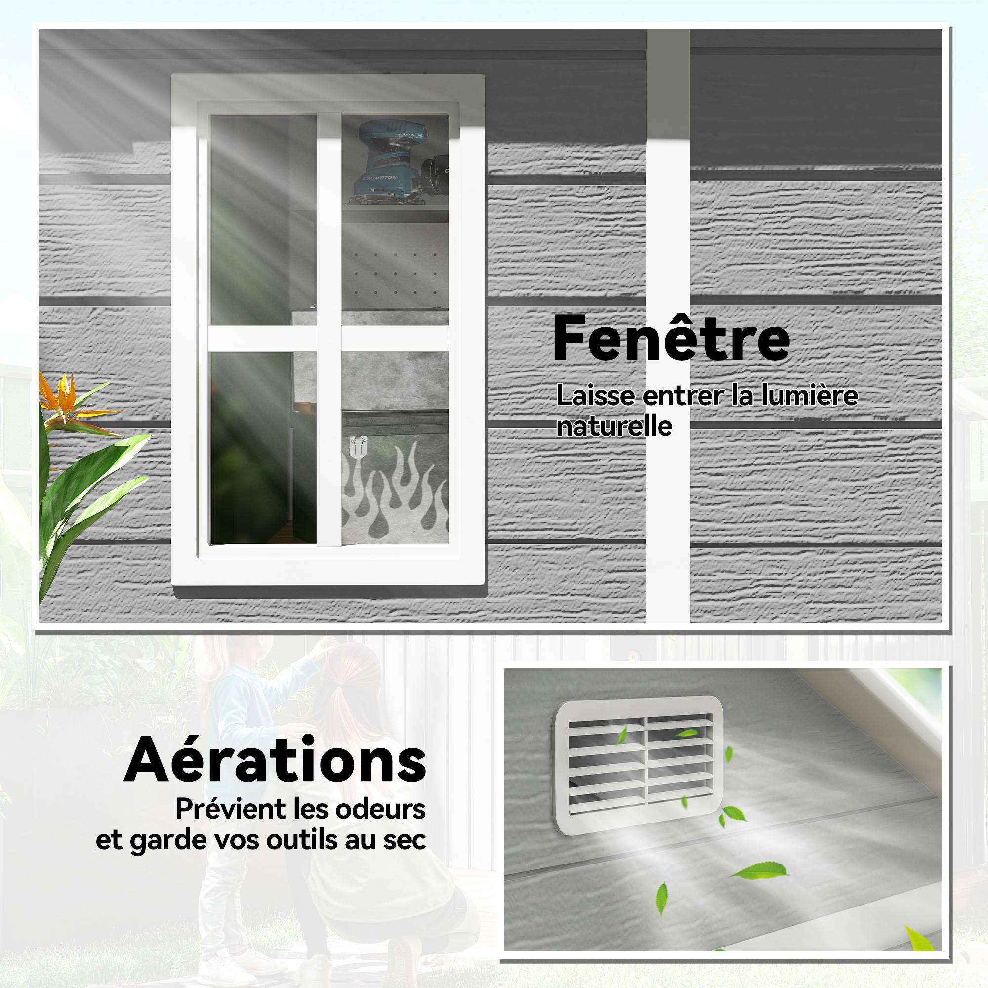 Maison Chic - Abri de jardin en résine 2,7 m² avec plancher portes à loquet 3 fenêtre structure en aluminium 240x190x228 cm gris - Image 7