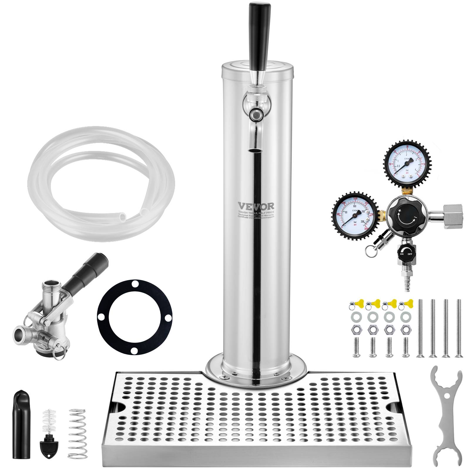VEVOR Kit colonne bière 1 robinet, inox, régulateur double jauge W21,8. Coupleur système S, bar. - Image 1
