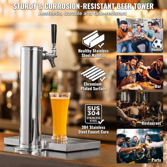 VEVOR Kit colonne bière 1 robinet, inox, régulateur double jauge W21,8. Coupleur système S, bar. - Image 5