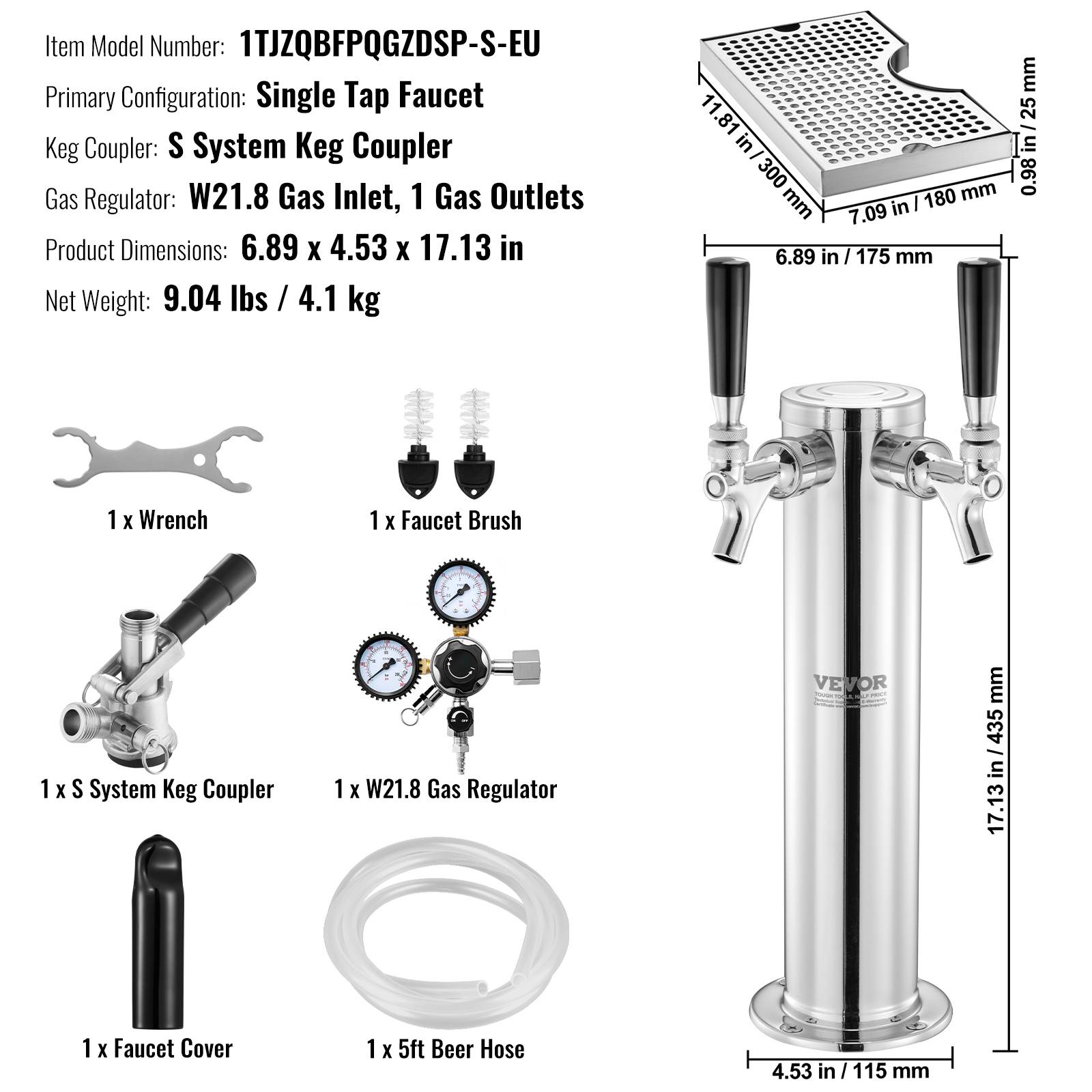 VEVOR Kit colonne bière 1 robinet, inox, régulateur double jauge W21,8. Coupleur système S, bar. - Image 7