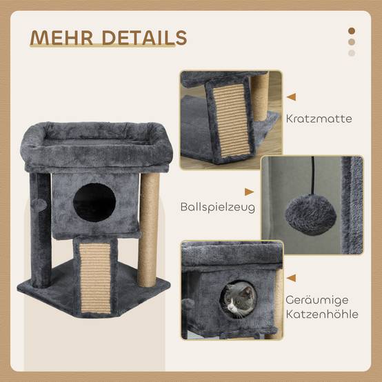 Arbre à chat bois peluche pour chaton niche avec tapis en jute 57cm gris foncé - ComfortXL Outdoor Living - Image 7