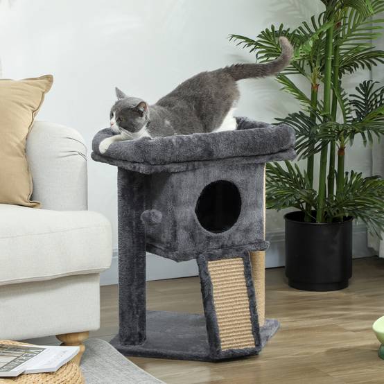 Arbre à chat bois peluche pour chaton niche avec tapis en jute 57cm gris foncé - ComfortXL Outdoor Living - Image 9