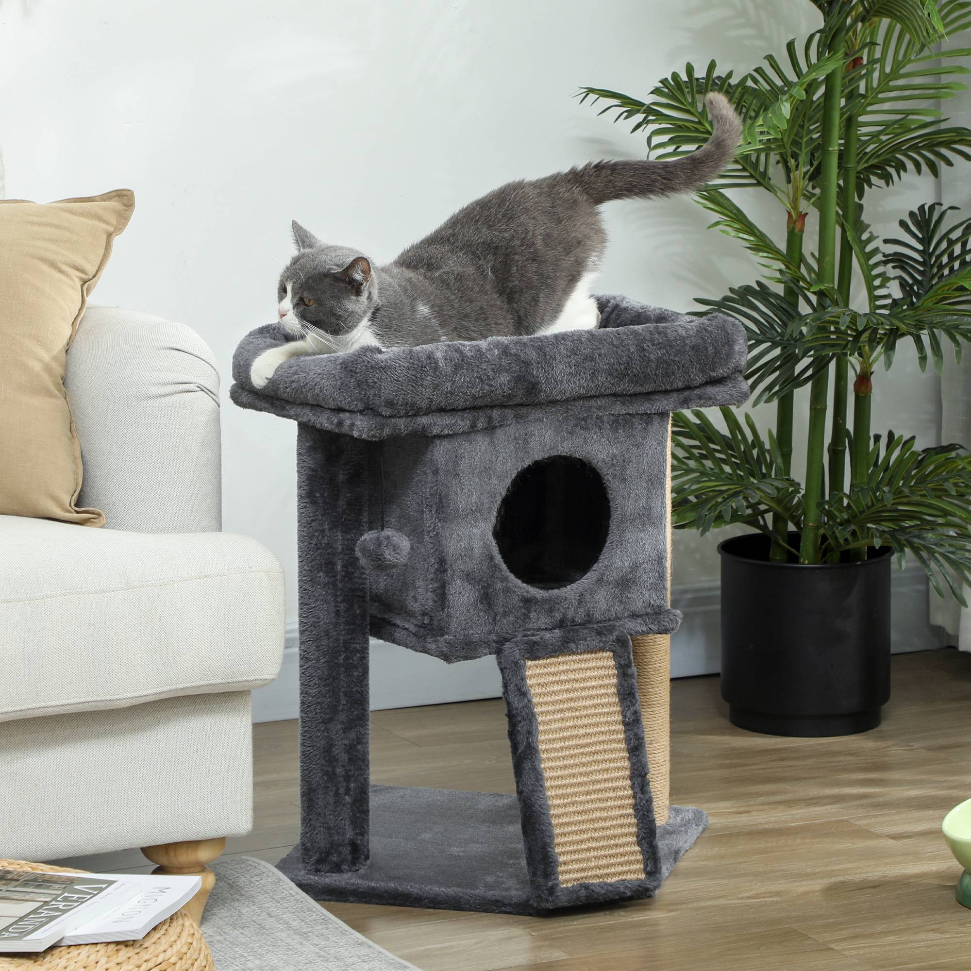 Arbre à chat bois peluche pour chaton niche avec tapis en jute 57cm gris foncé - ComfortXL Outdoor Living - Image 9