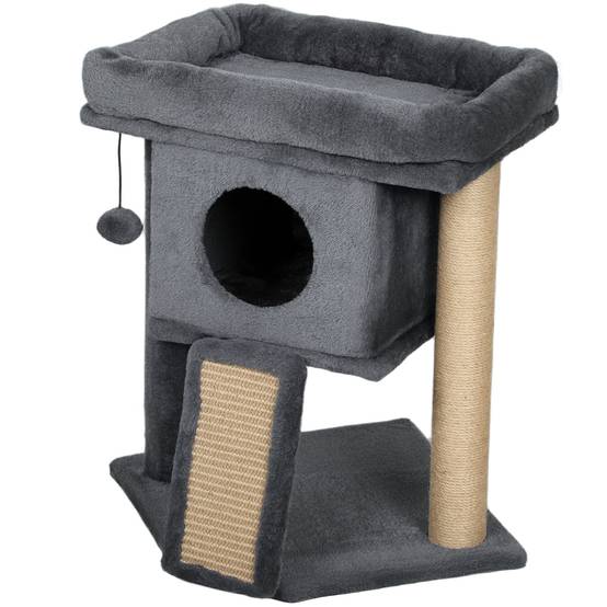 Arbre à chat bois peluche pour chaton niche avec tapis en jute 57cm gris foncé - ComfortXL Outdoor Living - Image 2