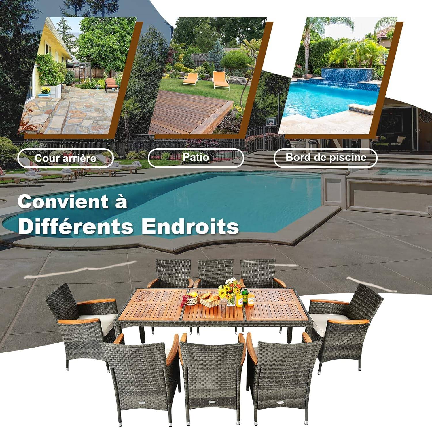 Salon de Jardin en Rotin 9 Pièces pour 8 Personnes Plateau de Table, Chaise Charge 180KG, Gris - Image 2