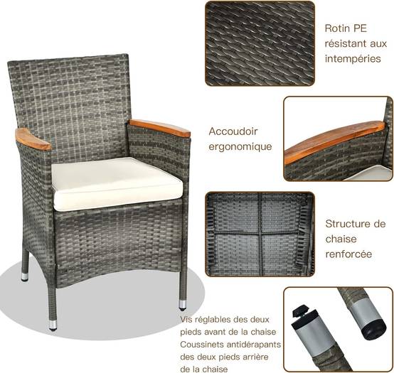 Salon de Jardin en Rotin 9 Pièces pour 8 Personnes Plateau de Table, Chaise Charge 180KG, Gris - Image 4