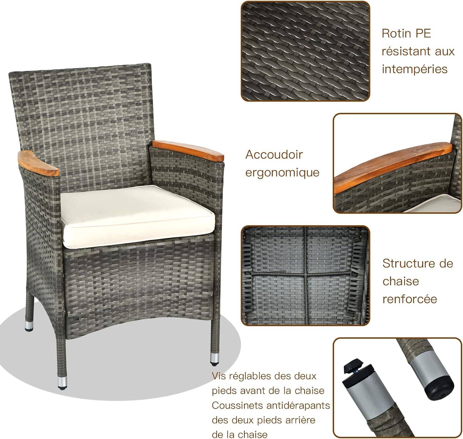 Salon de Jardin en Rotin 9 Pièces pour 8 Personnes Plateau de Table, Chaise Charge 180KG, Gris - Image 4