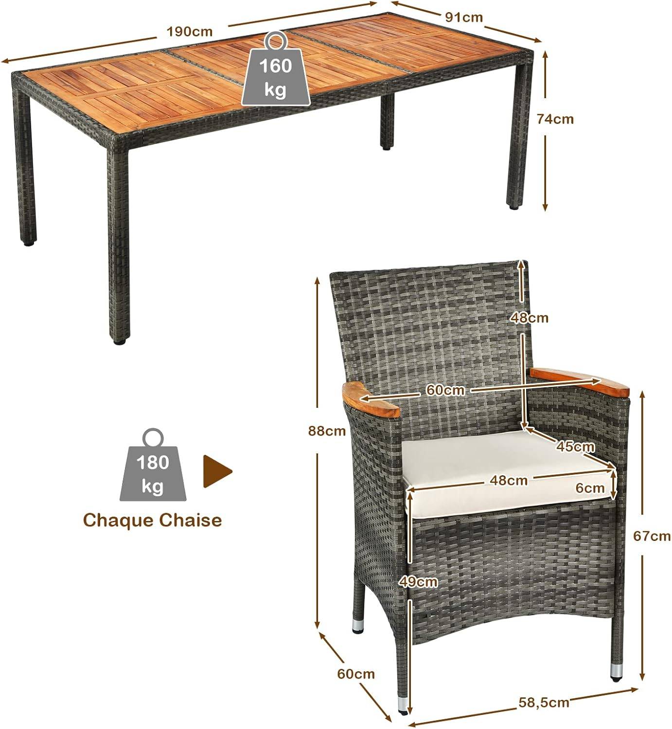 Salon de Jardin en Rotin 9 Pièces pour 8 Personnes Plateau de Table, Chaise Charge 180KG, Gris - Image 5