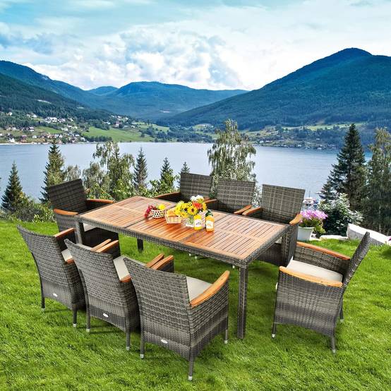Salon de Jardin en Rotin 9 Pièces pour 8 Personnes Plateau de Table, Chaise Charge 180KG, Gris - Image 7