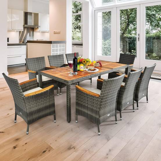 Salon de Jardin en Rotin 9 Pièces pour 8 Personnes Plateau de Table, Chaise Charge 180KG, Gris - Image 8