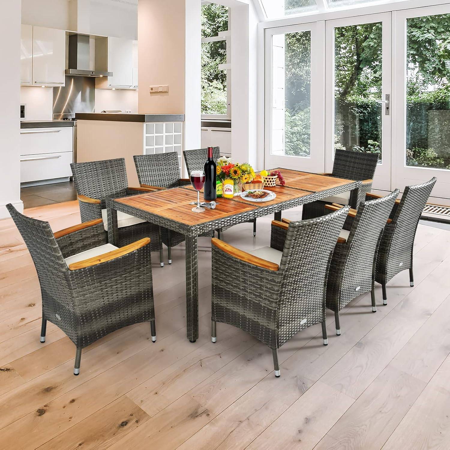 Salon de Jardin en Rotin 9 Pièces pour 8 Personnes Plateau de Table, Chaise Charge 180KG, Gris - Image 8