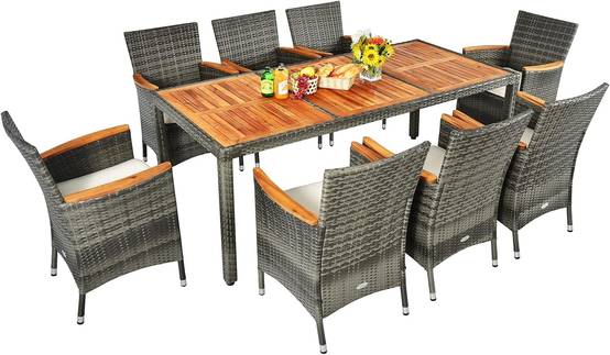 Salon de Jardin en Rotin 9 Pièces pour 8 Personnes Plateau de Table, Chaise Charge 180KG, Gris - Image 1
