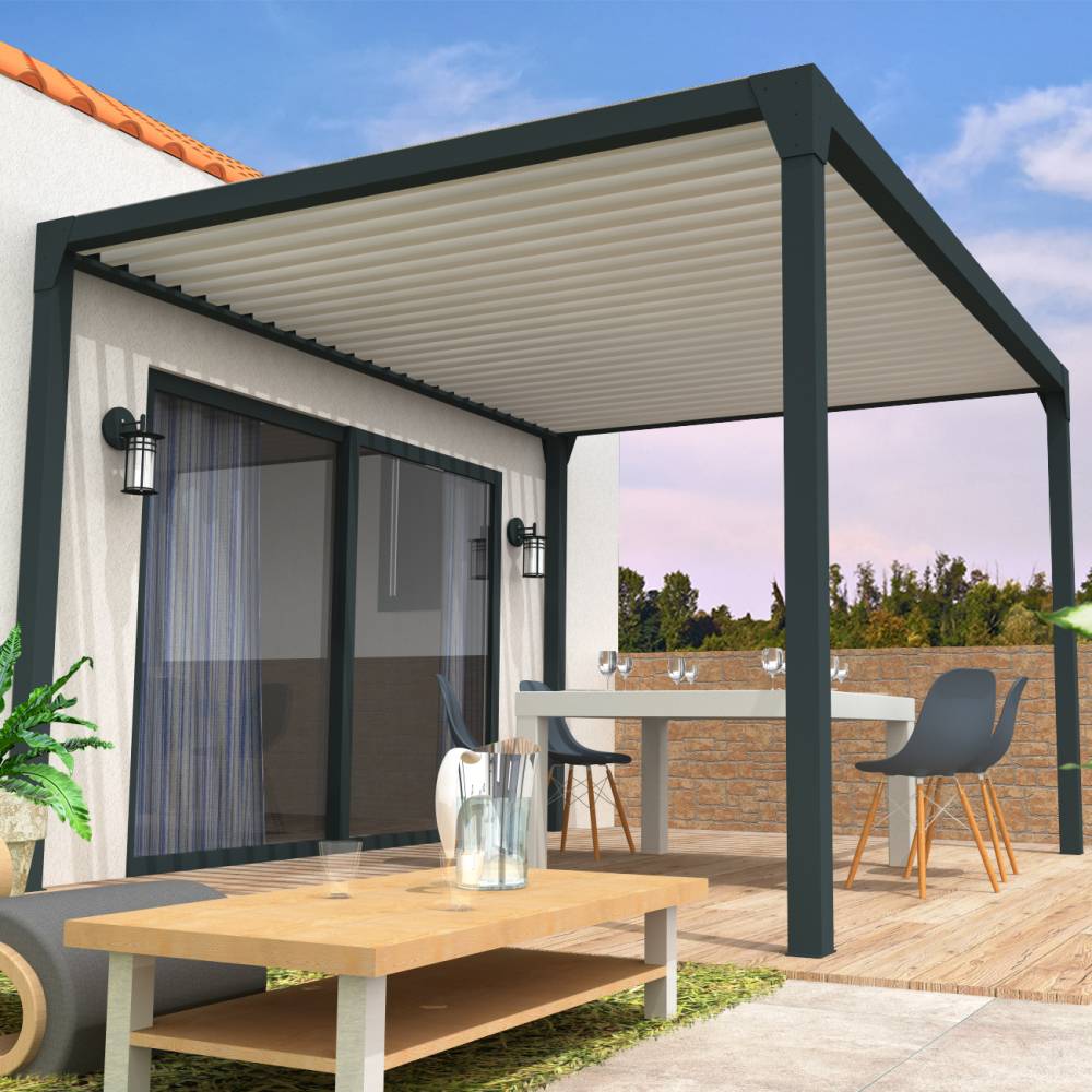 Intersun - Pergola Bioclimatique BERYL Ilot - Mixte Gris Anthracite/Blanc - 3,50x4,00 M - Vérin à Télécommande - Imagen 3