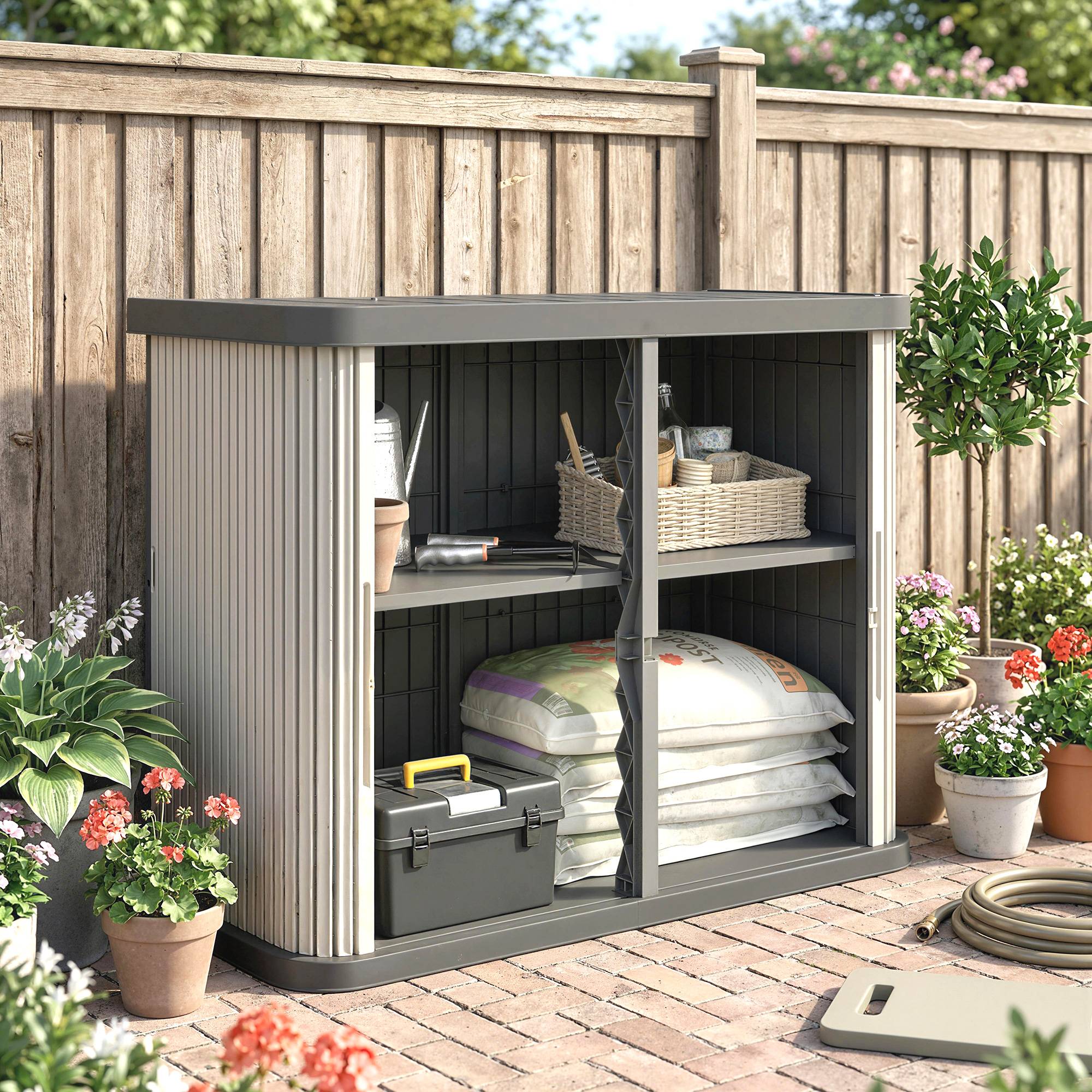 Coffre de Rangement Extérieur Résine Outils Jardin 2 Niveaux 120x59x92cm Marron - ComfortXL Outdoor Living - Image 10