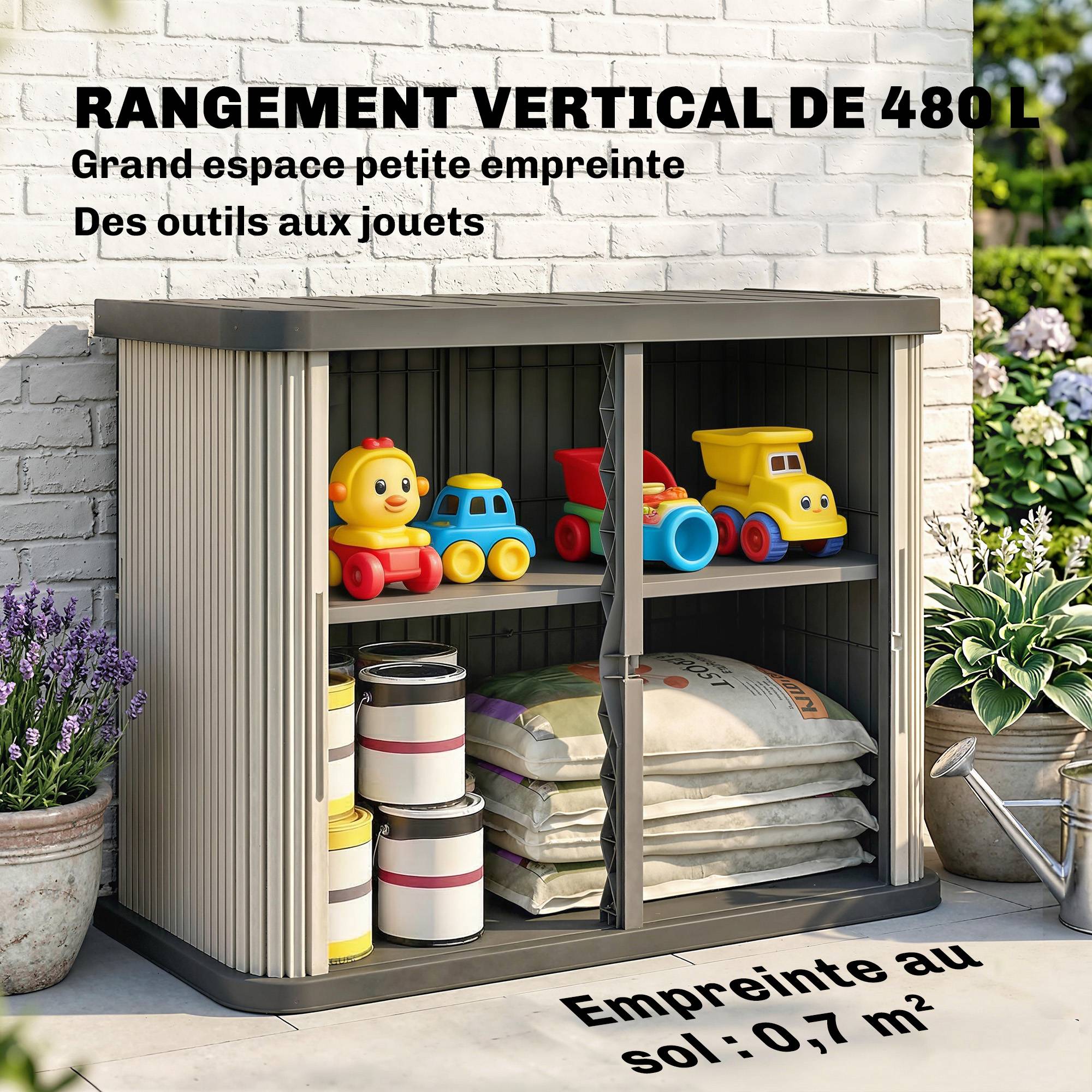 Coffre de Rangement Extérieur Résine Outils Jardin 2 Niveaux 120x59x92cm Marron - ComfortXL Outdoor Living - Image 6