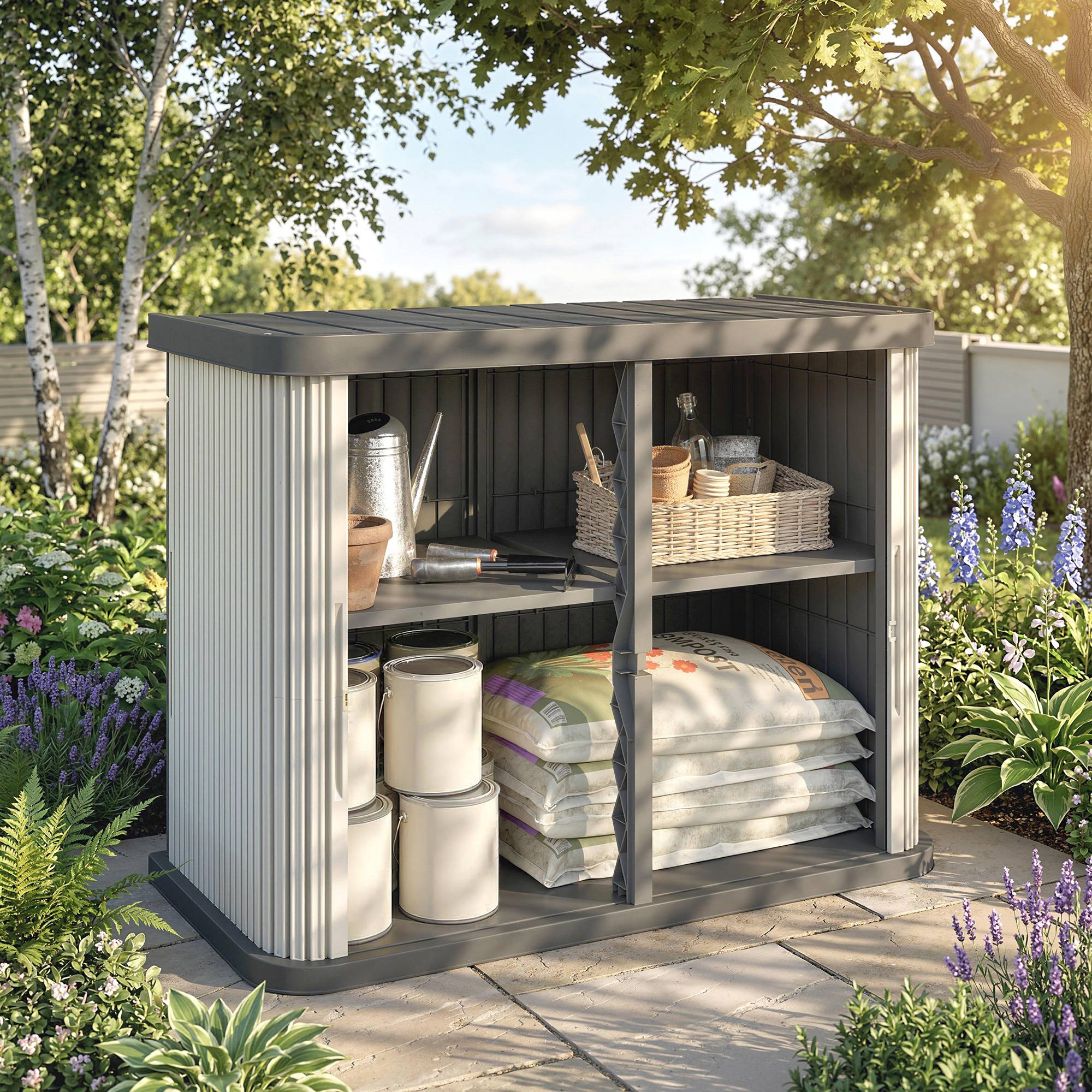 Coffre de Rangement Extérieur Résine Outils Jardin 2 Niveaux 120x59x92cm Marron - ComfortXL Outdoor Living - Image 3