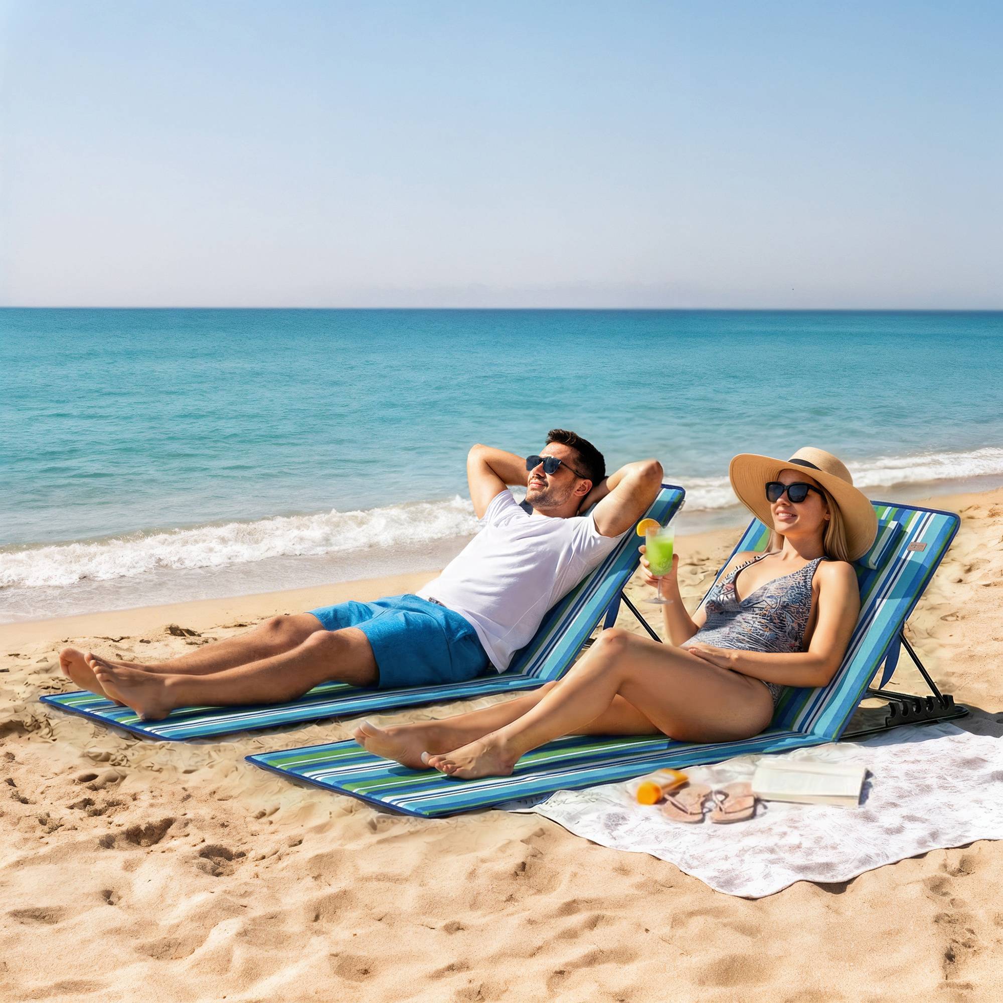 Ensemble de 2 tapis de plage avec dossier réglable, chaise longue longue légère pliante avec sac de rangement pour oreillers - Image 2