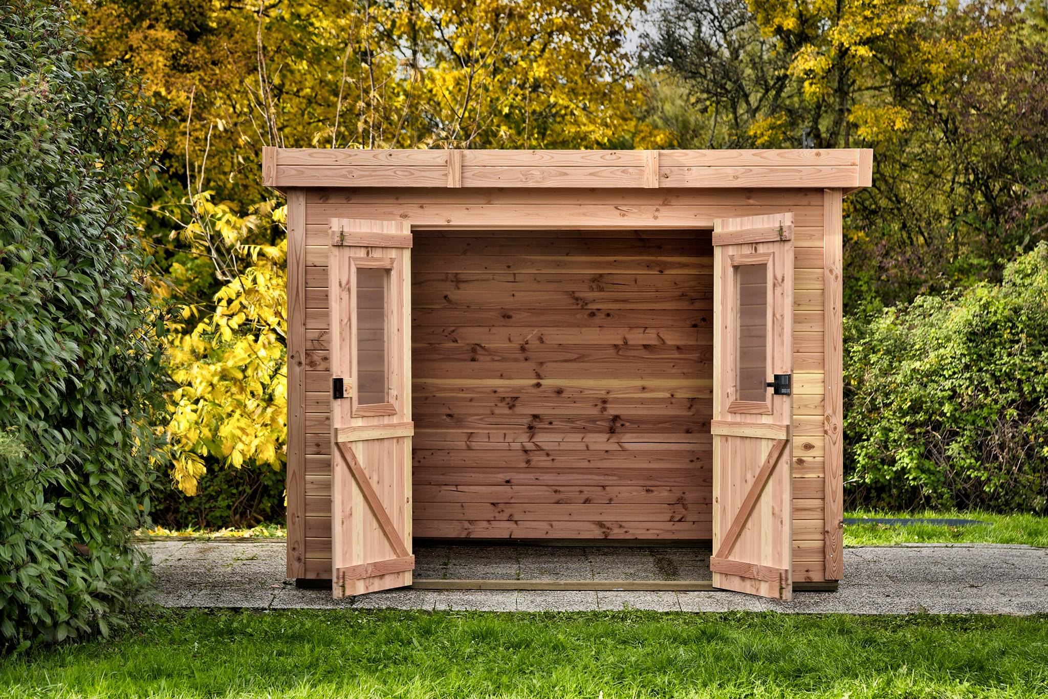 Habrita - Abri Madriers bois massif - 28 mm- surface extérieur 9,30 m2 - Toit plat - couverture polycarbonate - Image 1