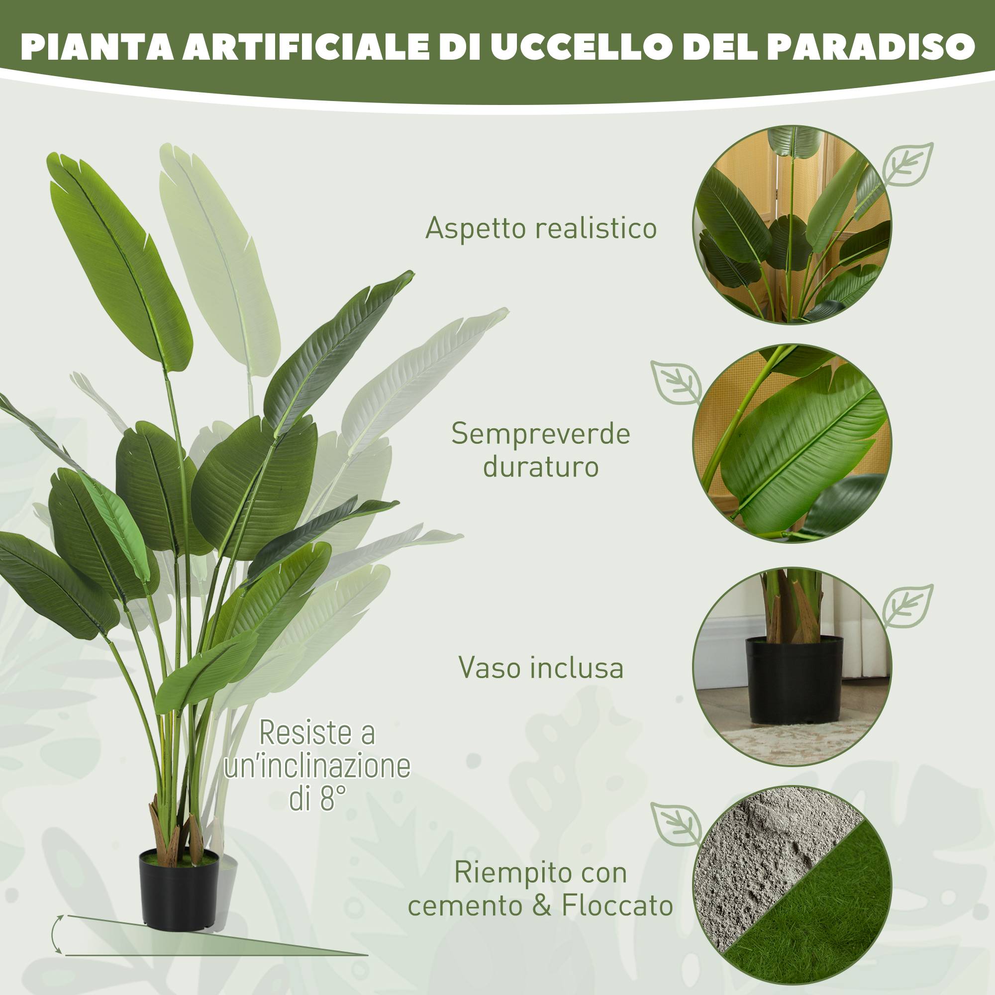 Plante artificielle 160cm, 10 feuilles PEVA vert, pot Ø16,5x13,5cm - Image 6