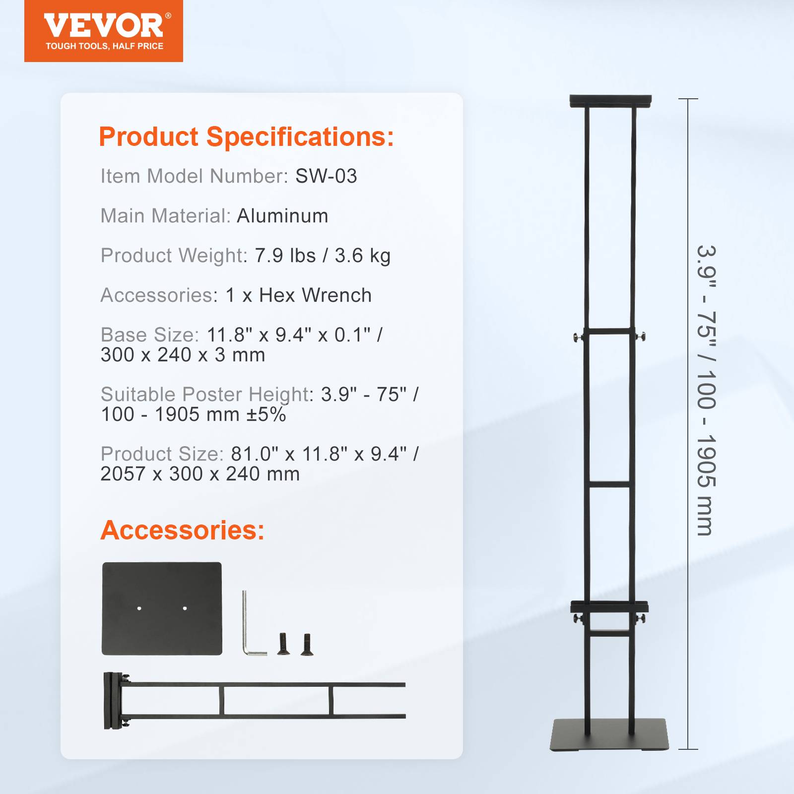 VEVOR Porte-affiche hauteur réglable 10-190,5 mm, double-face, alu. Base stable, menu, mariage. - Image 7