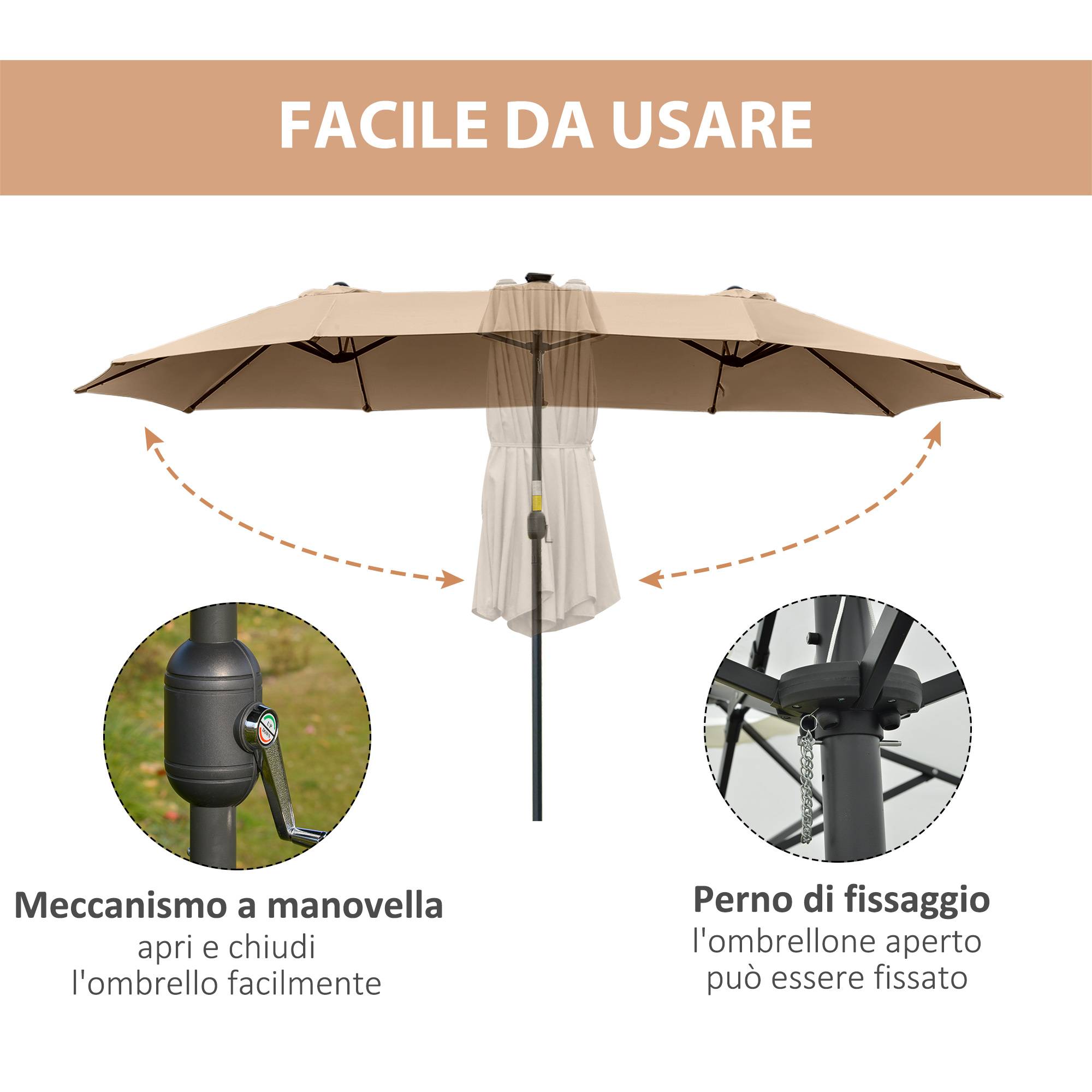 Parasol de jardin double 4,5 m avec 48 LED et manivelle, kaki - Image 8