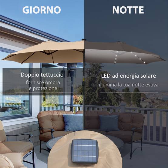 Parasol de jardin double 4,5 m avec 48 LED et manivelle, kaki - Image 6
