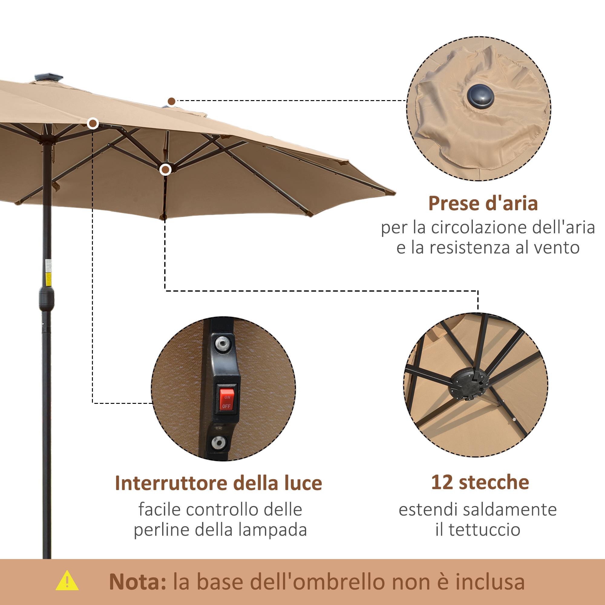 Parasol de jardin double 4,5 m avec 48 LED et manivelle, kaki - Image 7