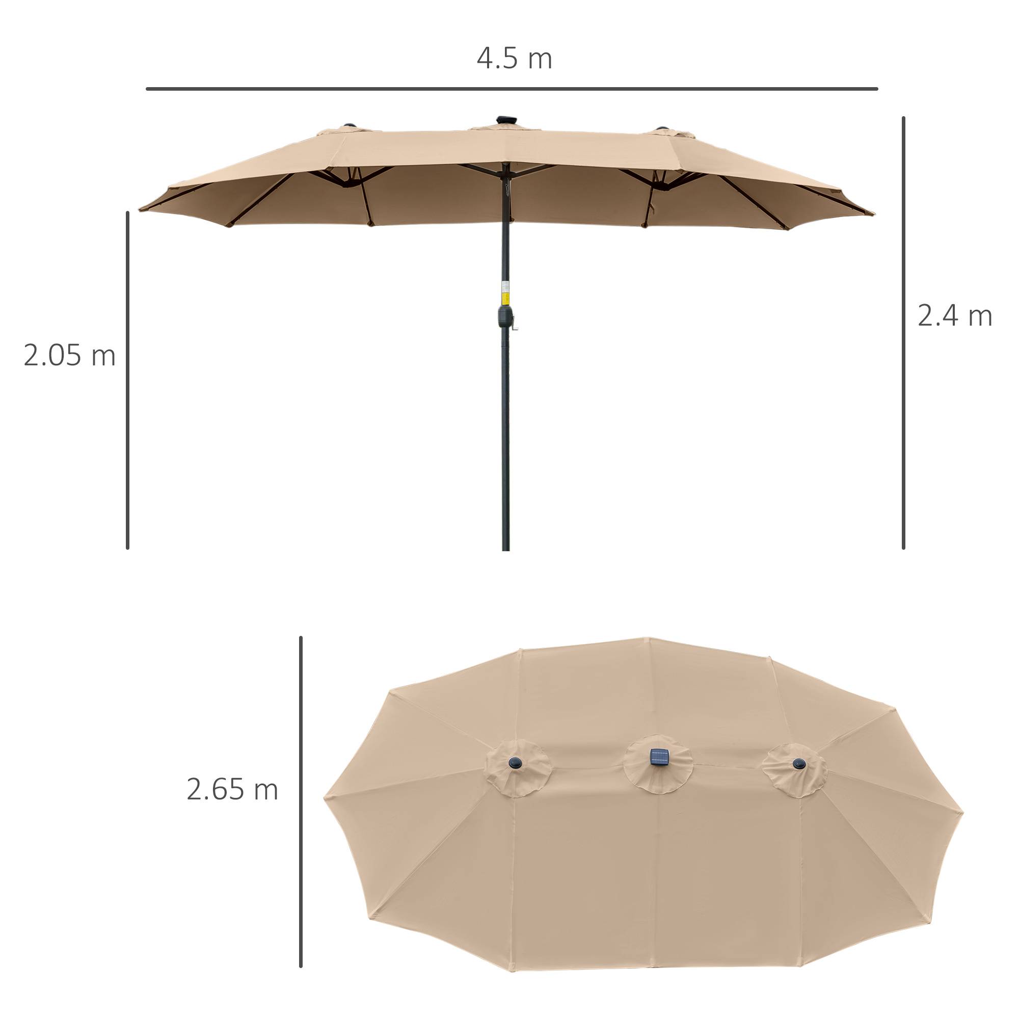 Parasol de jardin double 4,5 m avec 48 LED et manivelle, kaki - Image 5