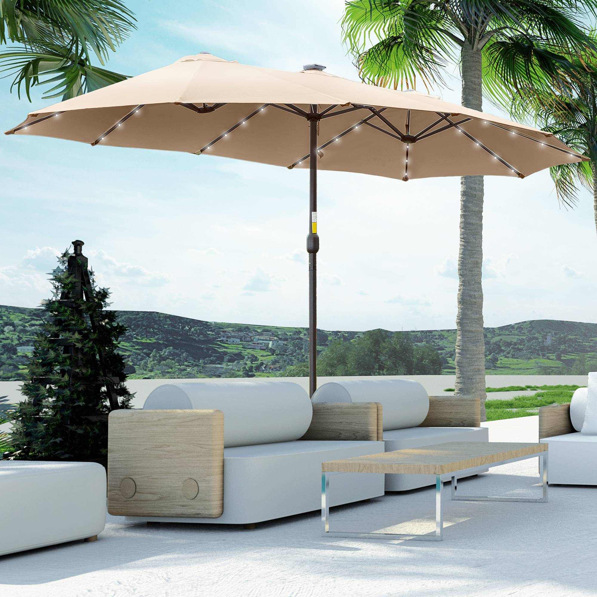 Parasol de jardin double 4,5 m avec 48 LED et manivelle, kaki - Image 3