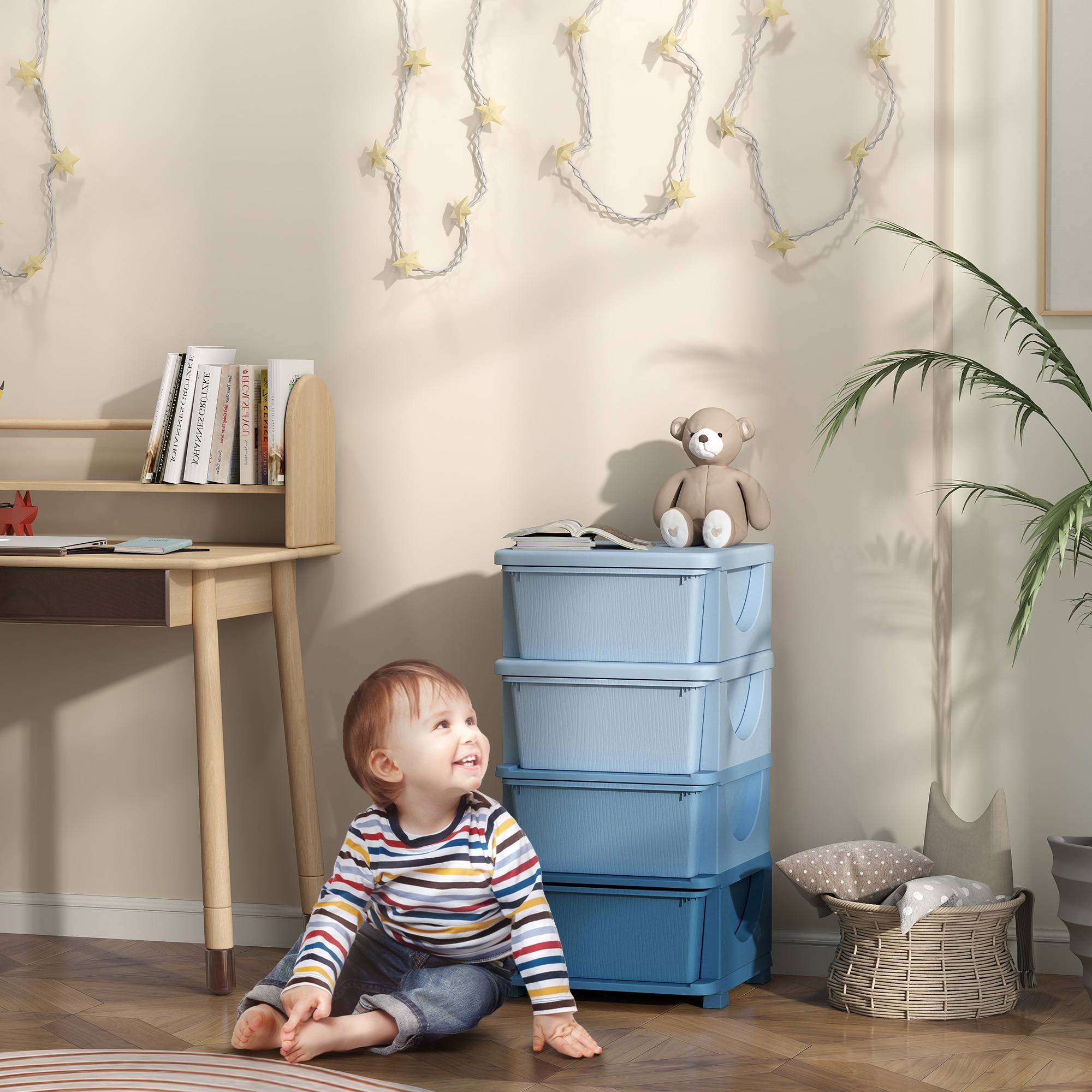 Tour de rangement pour enfants avec 4 tiroirs, pour enfants de 3 ans et plus, bords arrondis et poignées, 37 x 37 x 76 cm, bleue - Image 3