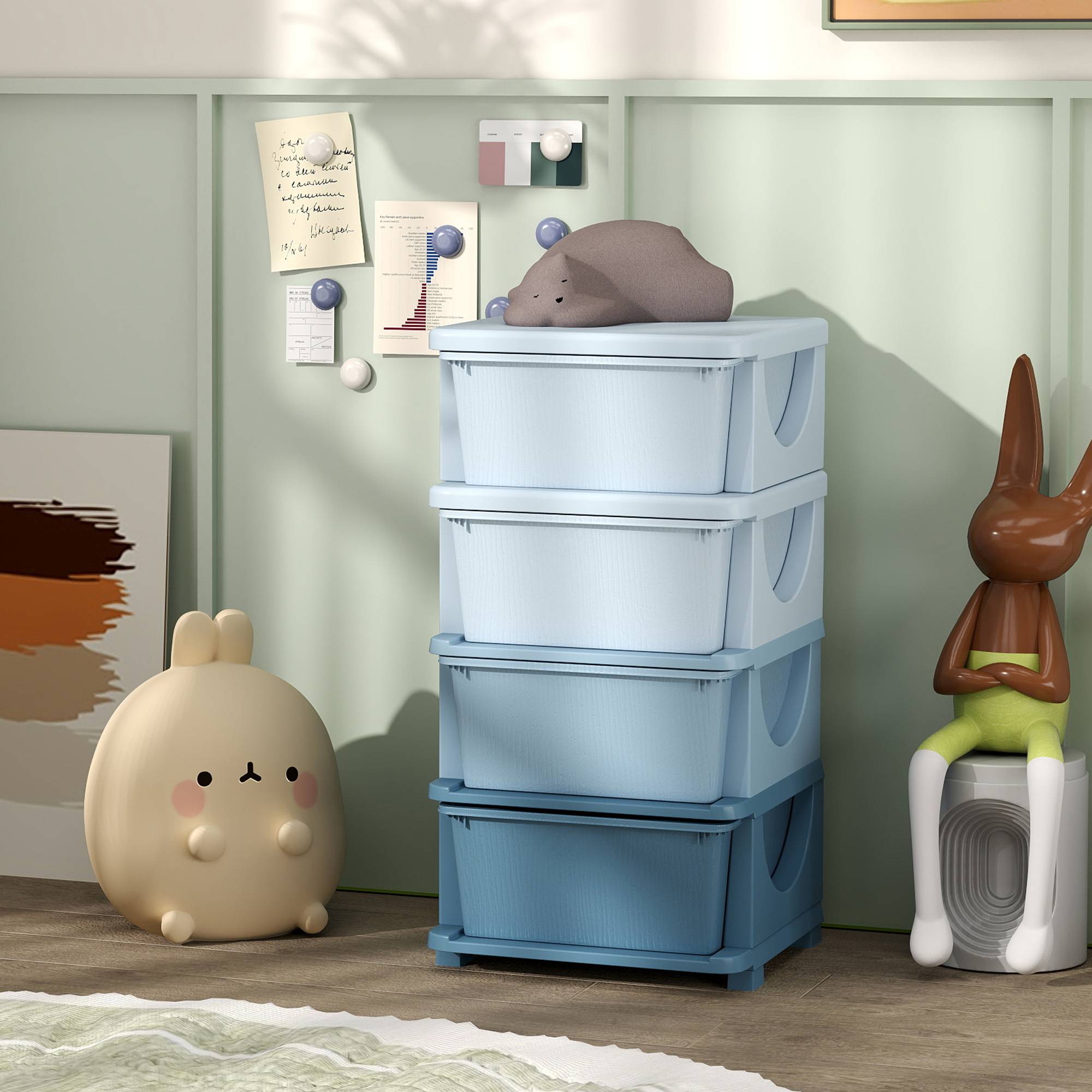 Tour de rangement pour enfants avec 4 tiroirs, pour enfants de 3 ans et plus, bords arrondis et poignées, 37 x 37 x 76 cm, bleue - Image 4