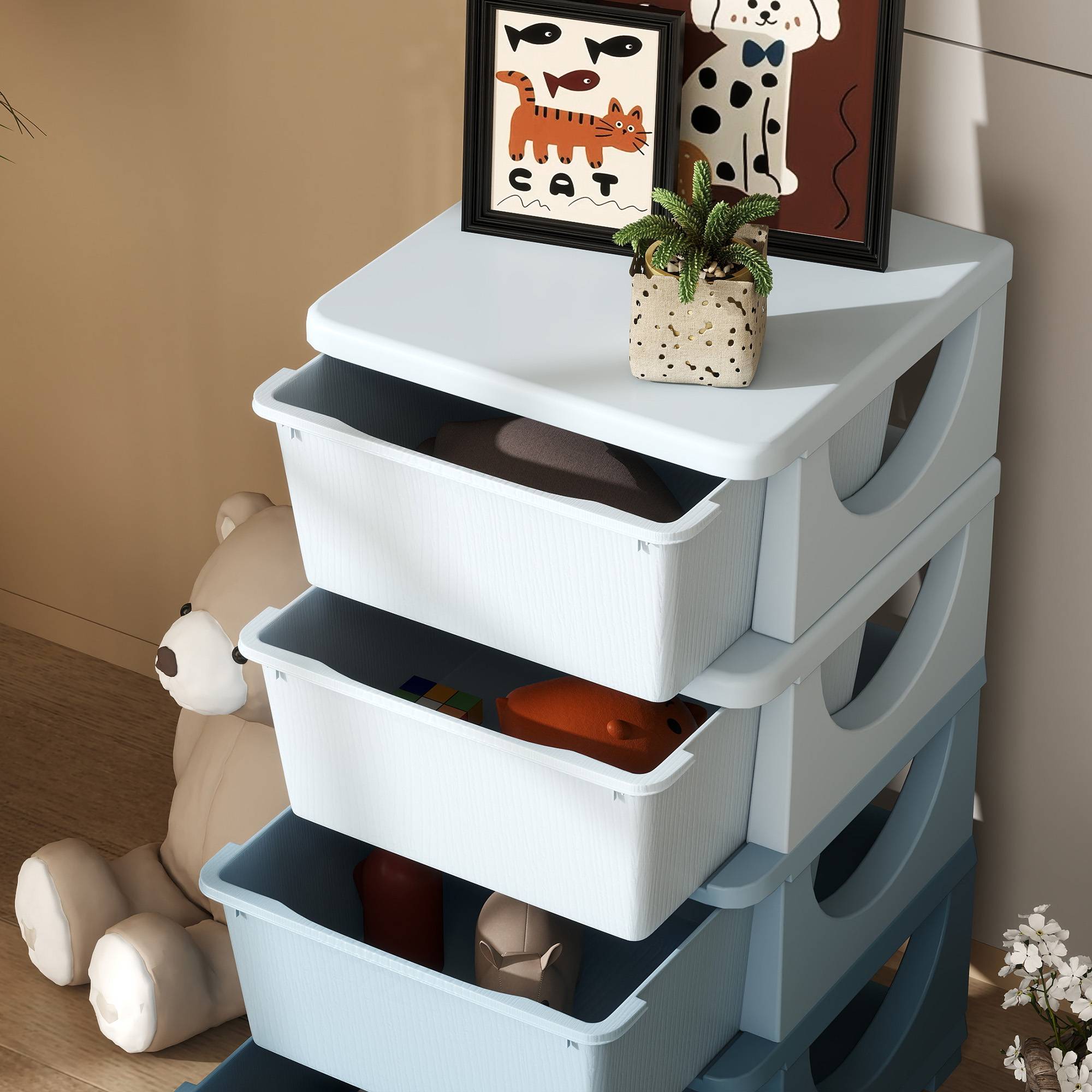 Tour de rangement pour enfants avec 4 tiroirs, pour enfants de 3 ans et plus, bords arrondis et poignées, 37 x 37 x 76 cm, bleue - Image 10