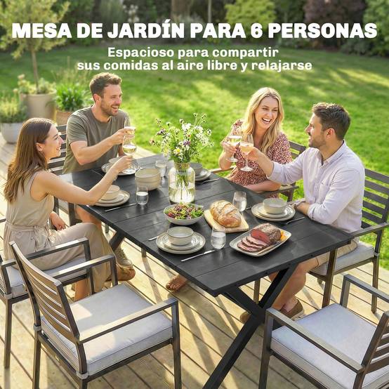 Table de jardin métal et HDPE avec plateau à lattes pour 6 personnes noir - ComfortXL Outdoor Living - Image 6