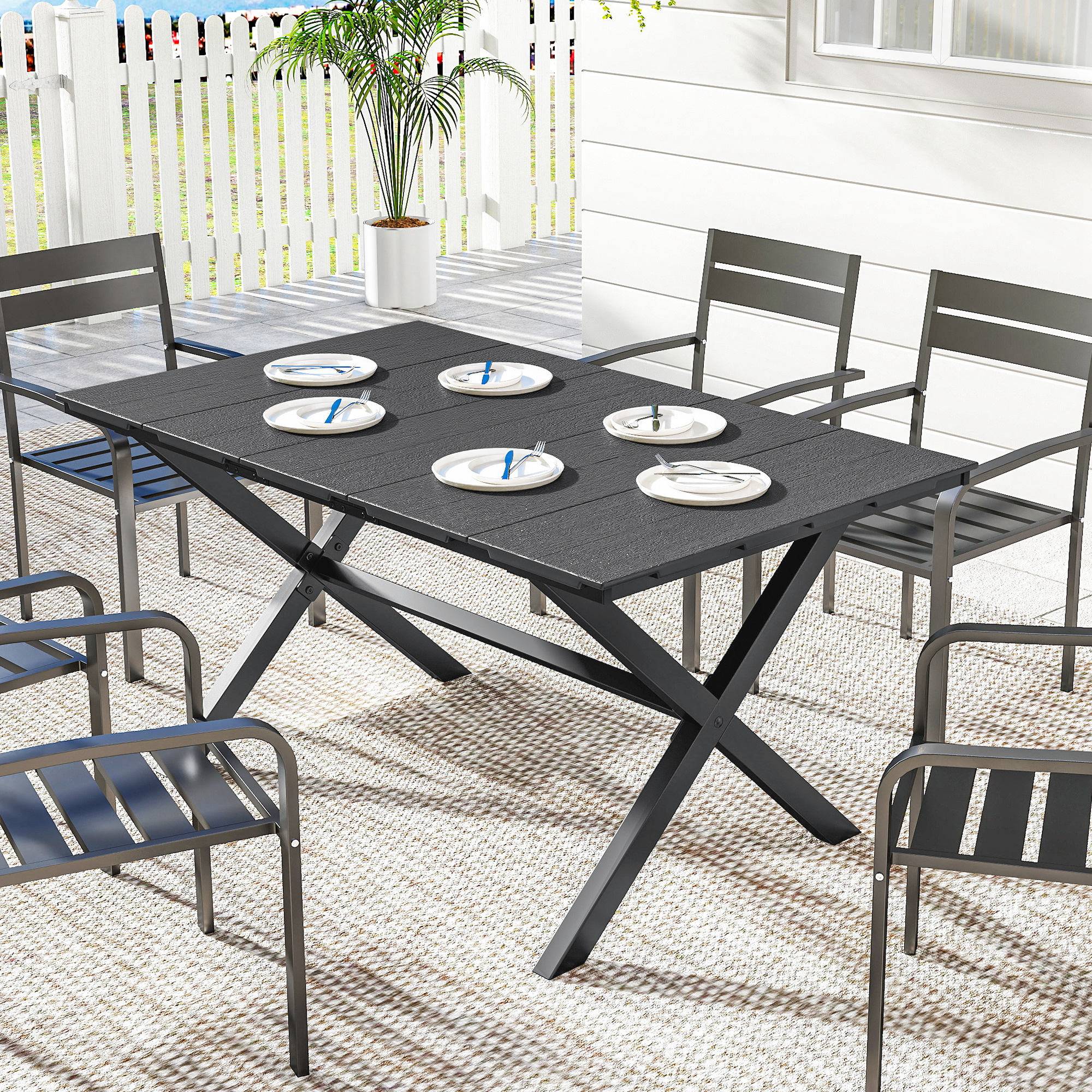 Table de jardin métal et HDPE avec plateau à lattes pour 6 personnes noir - ComfortXL Outdoor Living - Image 4
