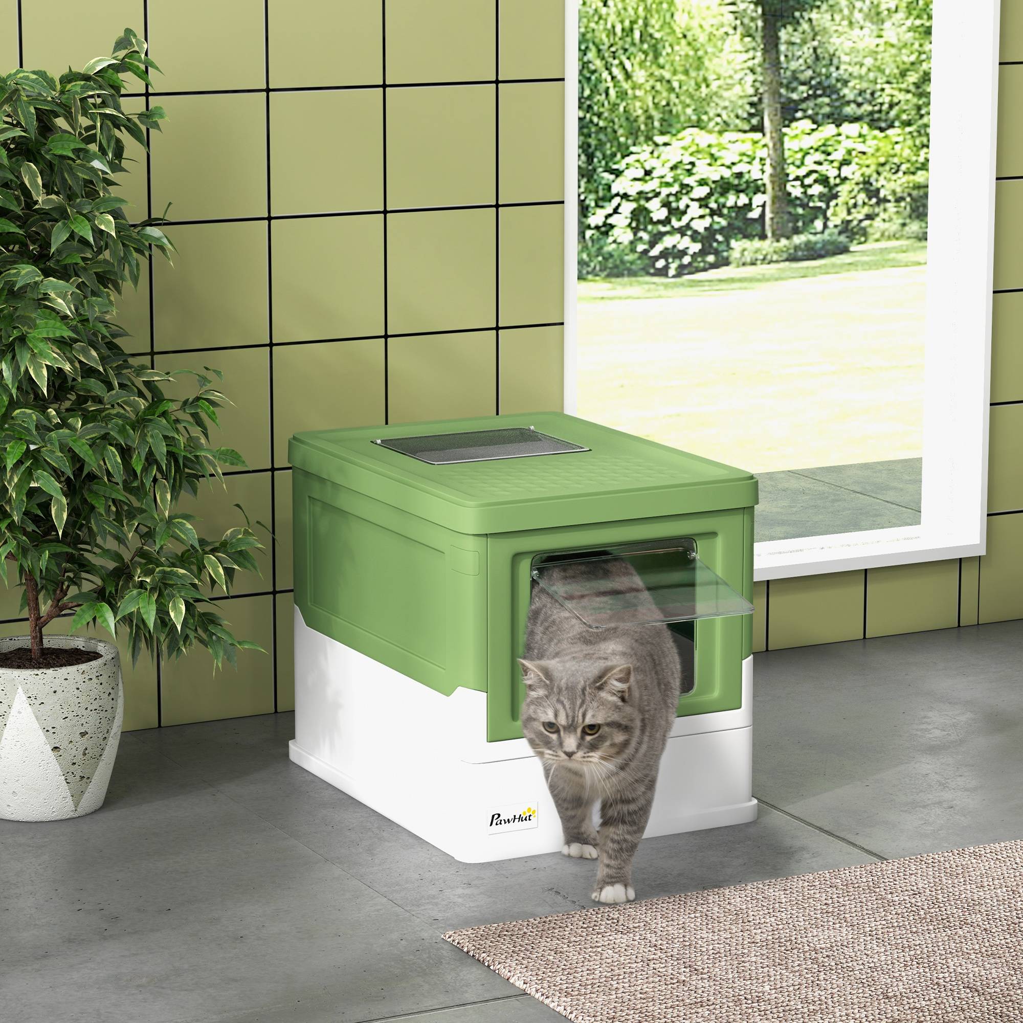 Litière couverte amovible entrée avant sortie haute 47,5x35,5x36,7 cm vert avocat blanc - Image 3