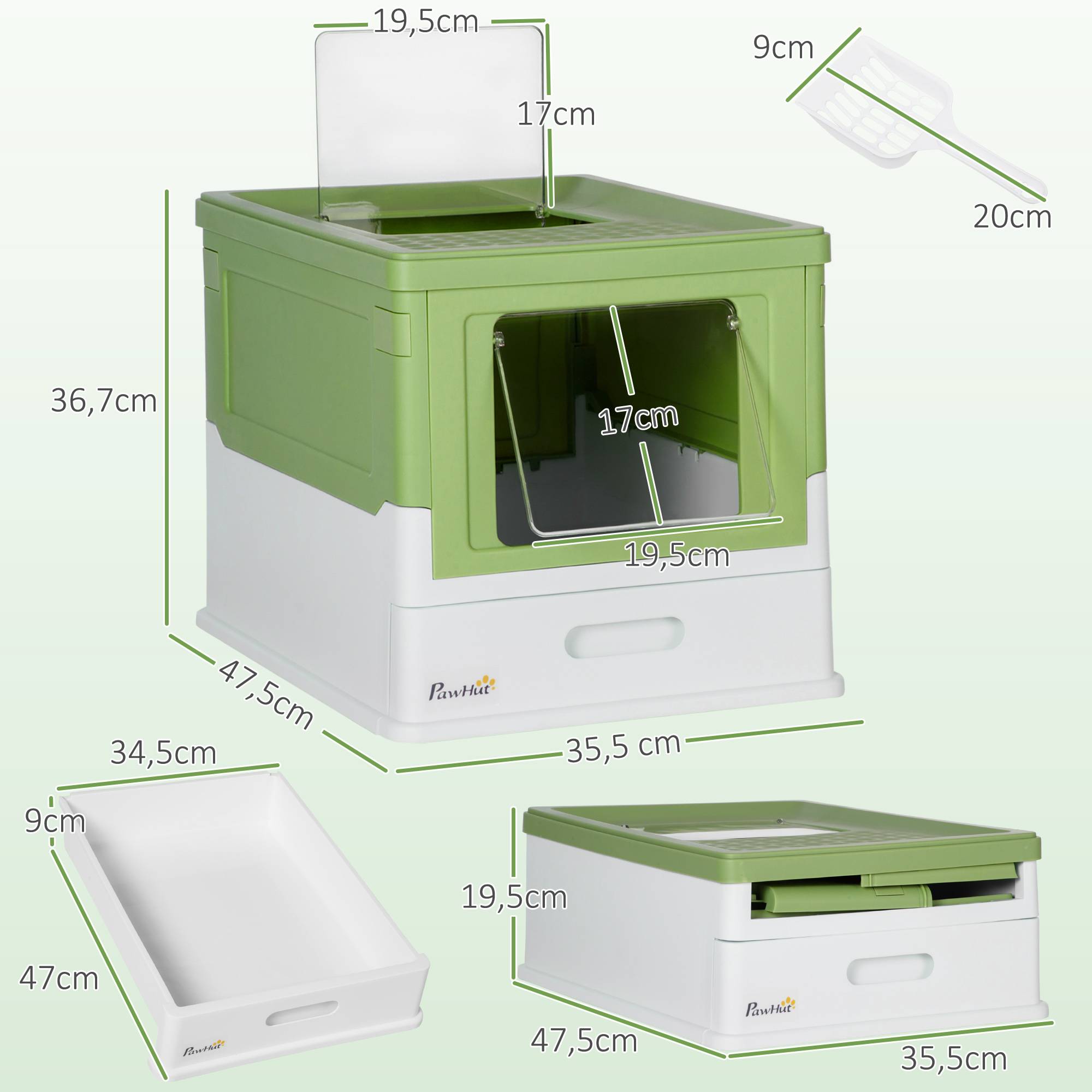 Litière couverte amovible entrée avant sortie haute 47,5x35,5x36,7 cm vert avocat blanc - Image 5