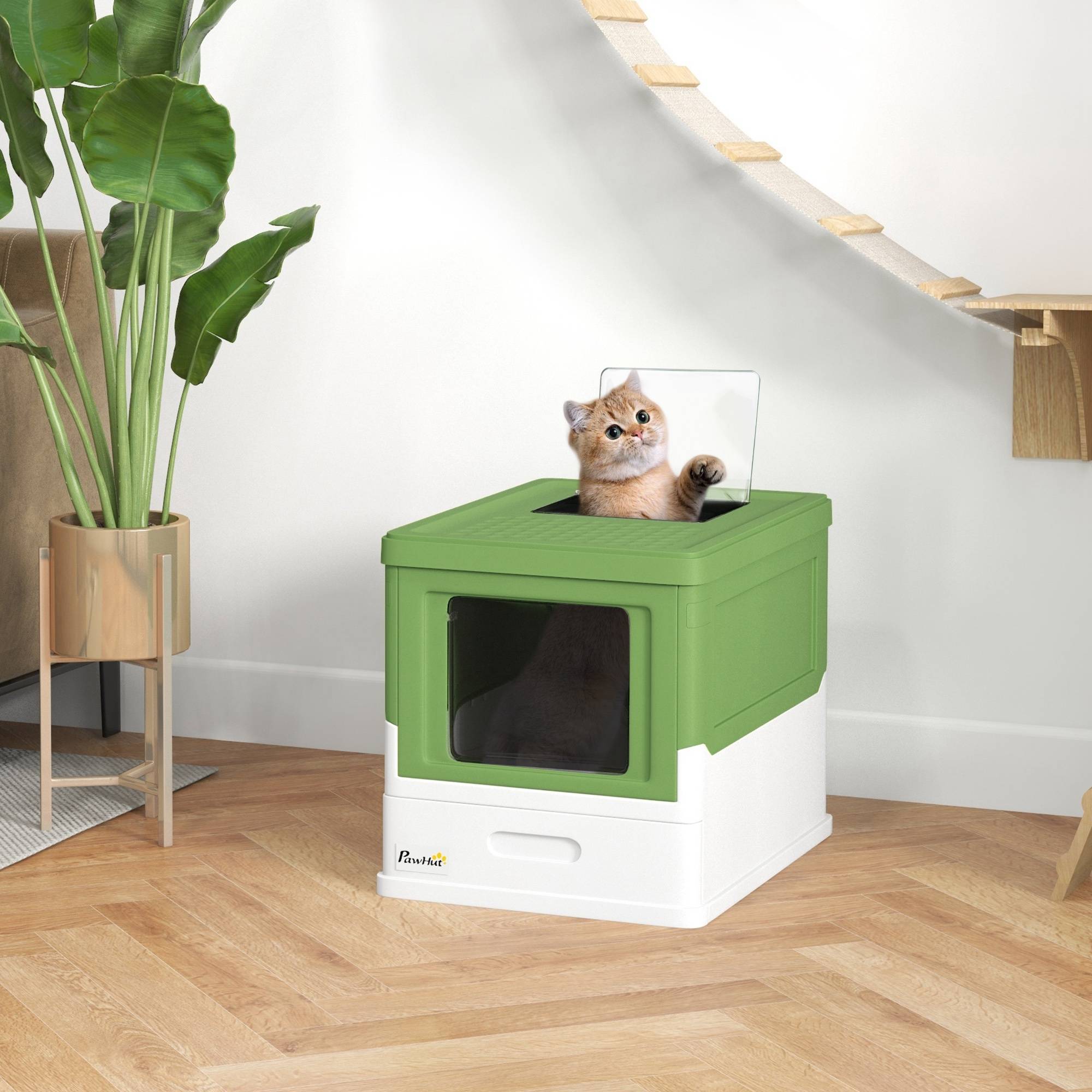 Litière couverte amovible entrée avant sortie haute 47,5x35,5x36,7 cm vert avocat blanc - Image 4