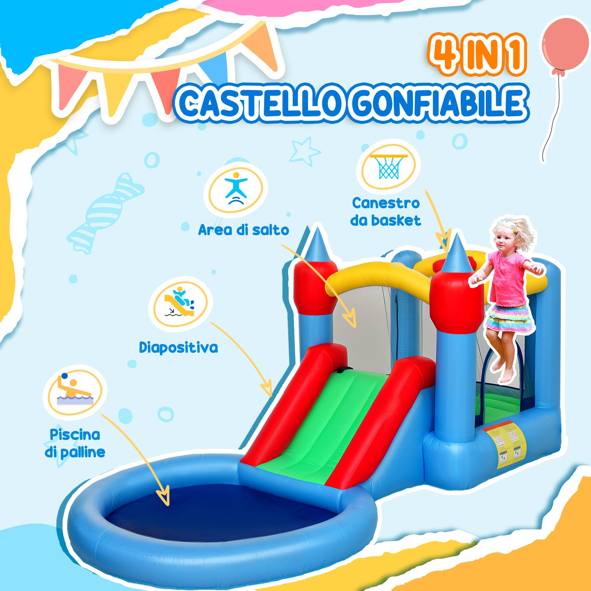 Château gonflable 4 en 1 : trampoline avec toboggan, 415 x 205 x 190 cm, multicolore - Image 6