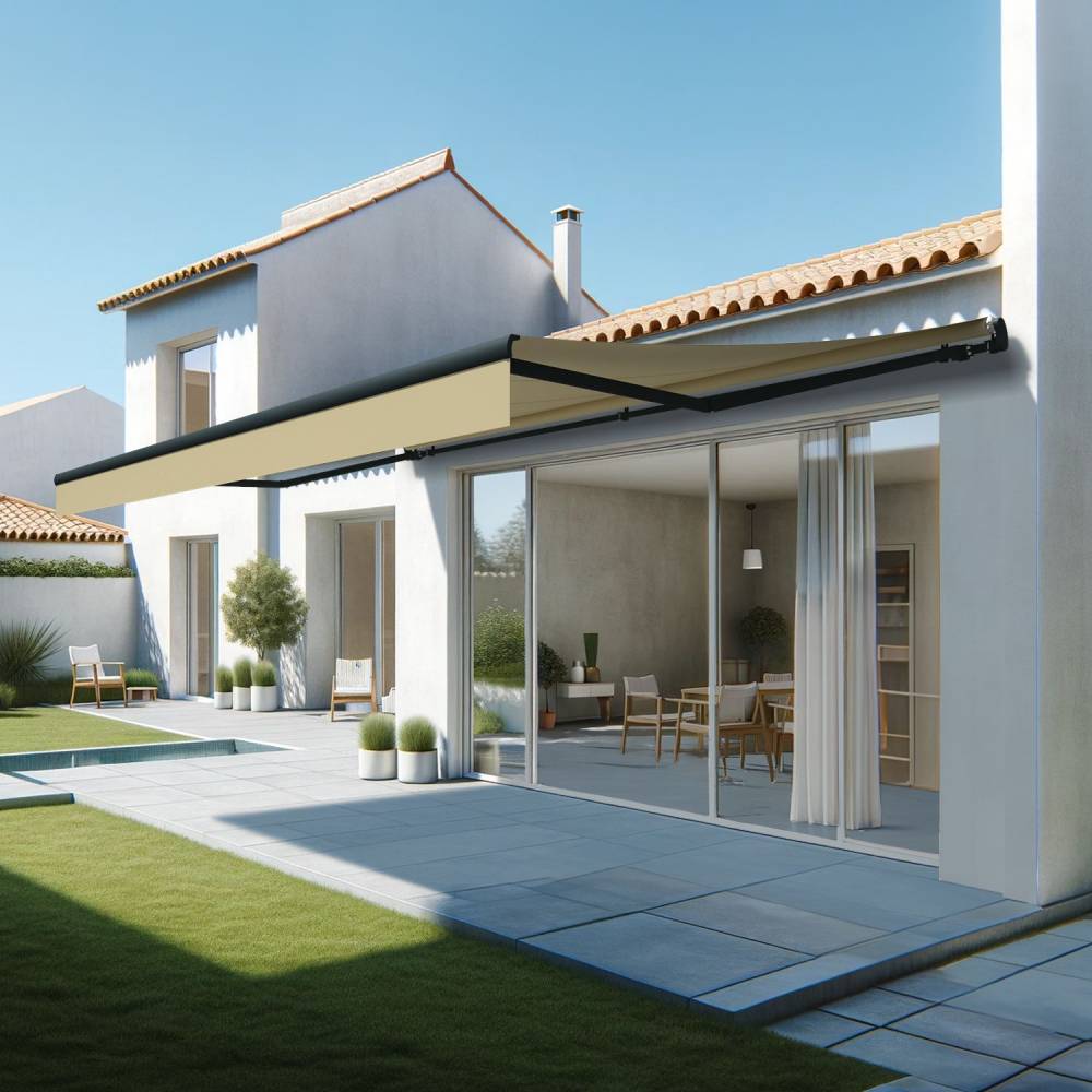 Store banne monobloc ESPAI 6,00x3,00m (Motorisé à interrupteur + manœuvre de secours - Ecru - Gris anthracite) - Alia Productions - Imagen 1