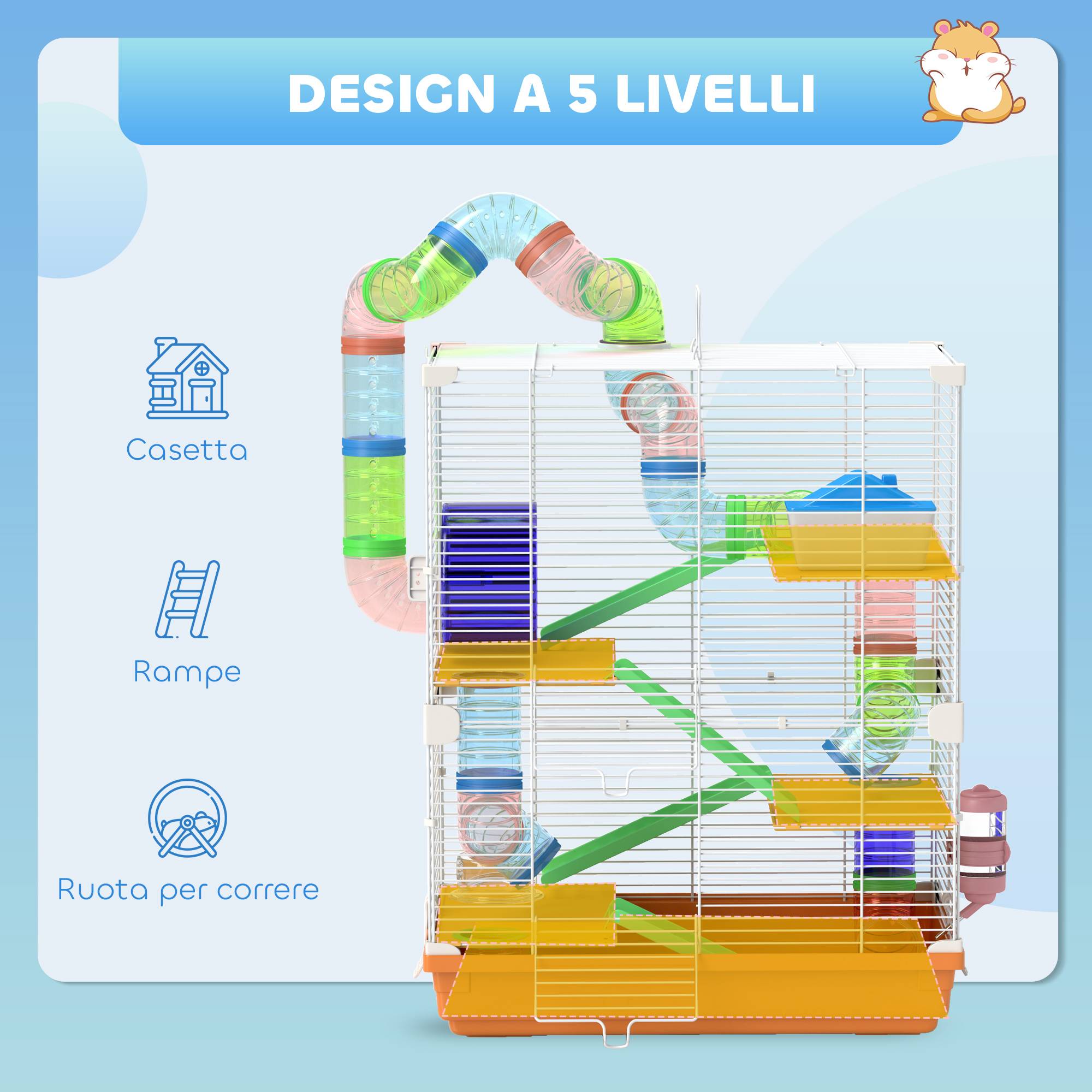 Cage rongeurs métal 5 niveaux tubes ludiques poignée transport 46x30x58cm - ComfortXL Outdoor Living - Image 8