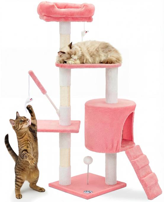Vounot - Arbre à chat 112cm multi niveaux rose - avec griffoir, niche, jouet et plateforme - arbre à grimper - VOUNOT® - Image 1