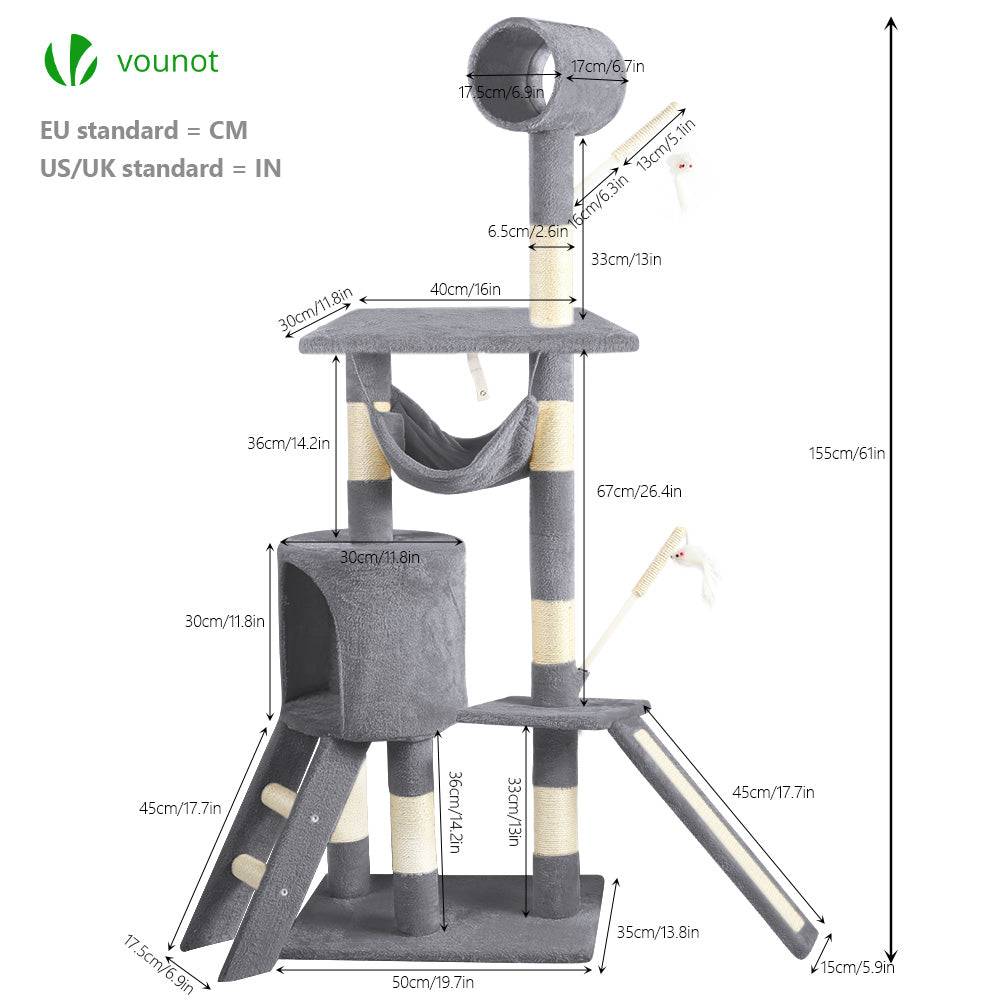 Vounot - Arbre à chat 154cm avec griffoir, niche et plateforme - Gris - Arbre à grimper pour chats - VOUNOT® - Image 4