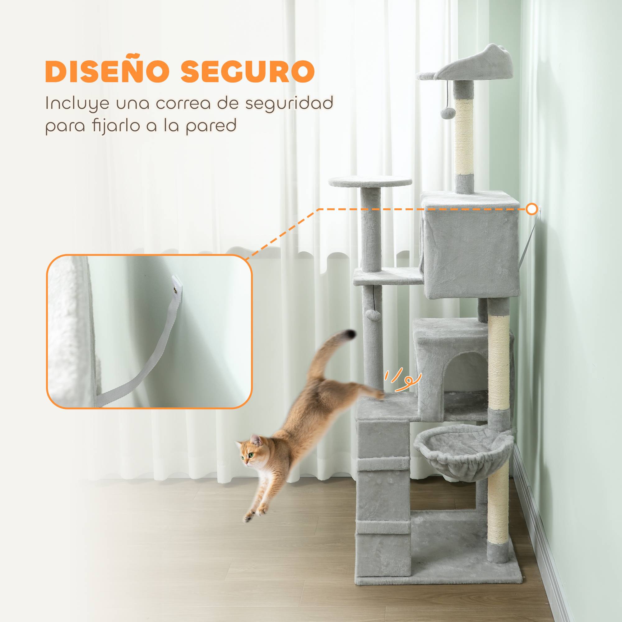 Grand Arbre à Chat 180cm Tour de Jeu avec 2 Niches Hamac et Plateformes Gris Clair - ComfortXL Outdoor Living - Image 8