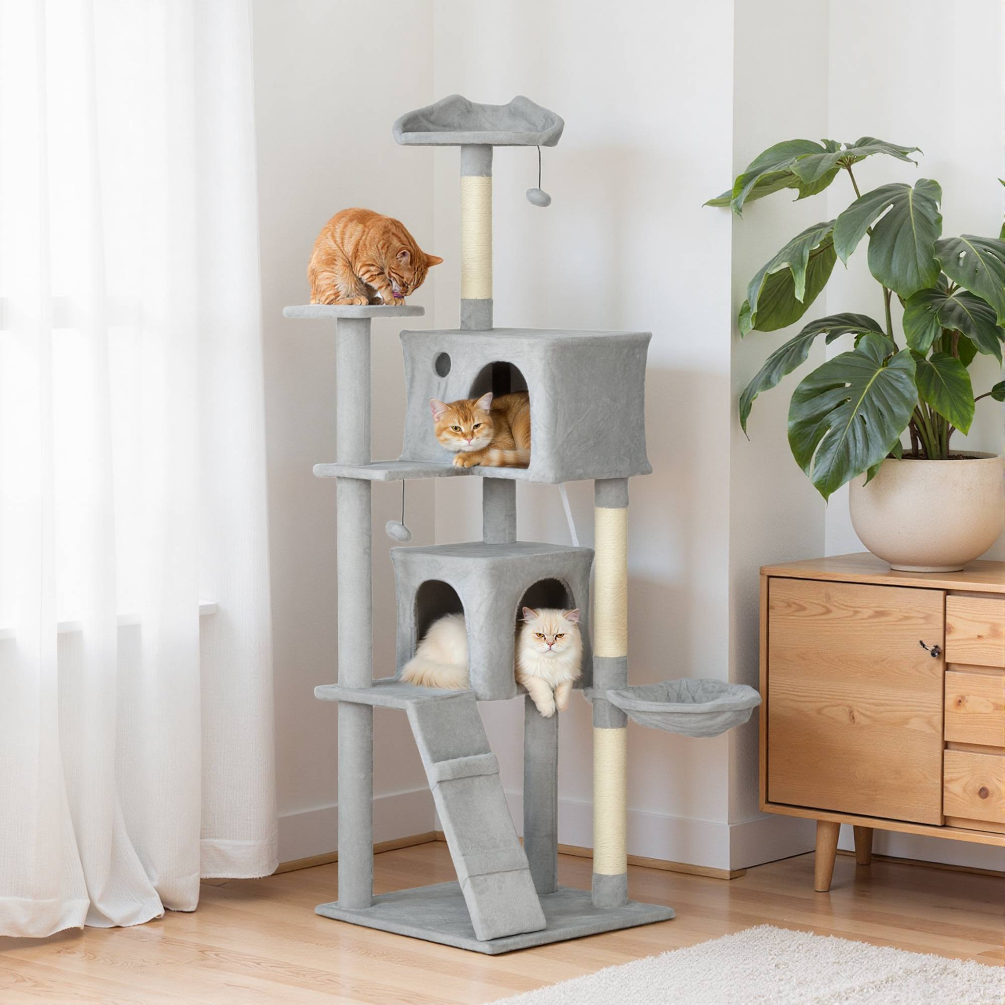 Grand Arbre à Chat 180cm Tour de Jeu avec 2 Niches Hamac et Plateformes Gris Clair - ComfortXL Outdoor Living - Image 4