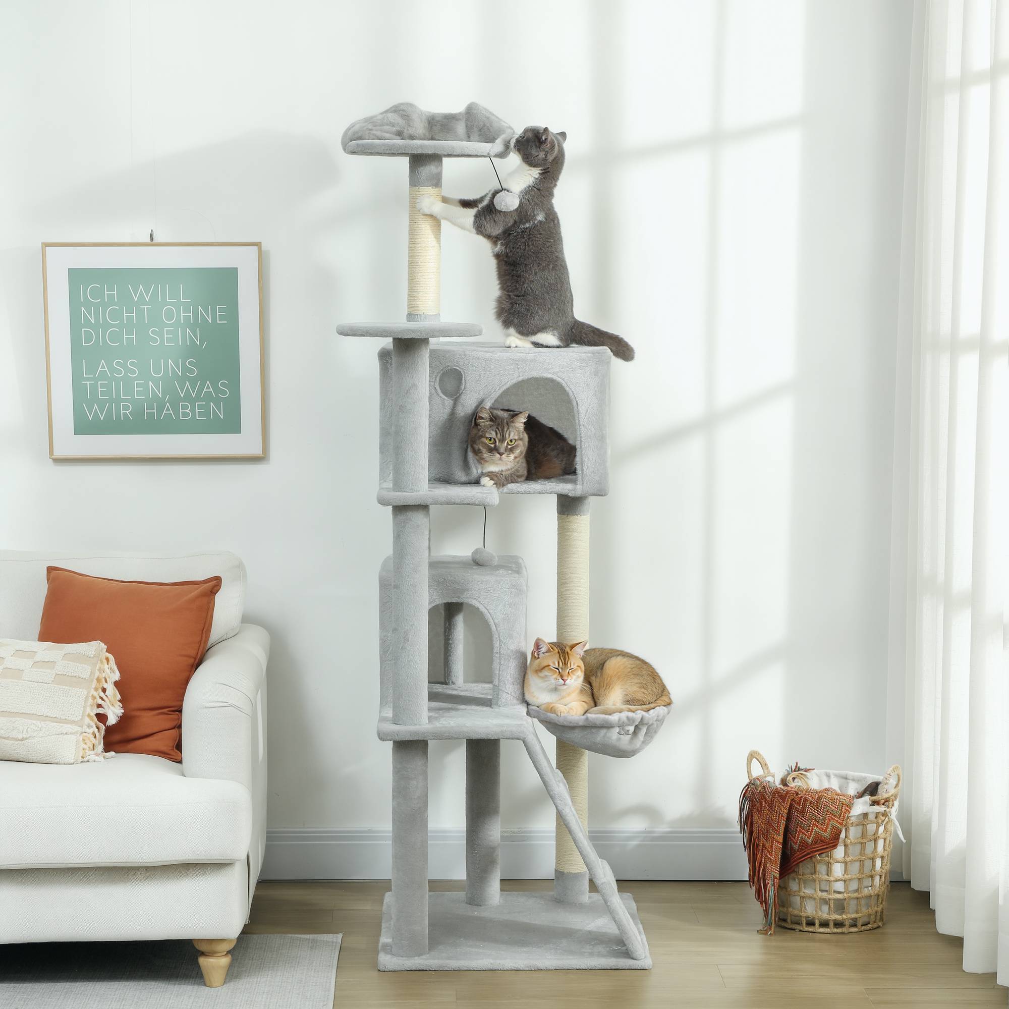 Grand Arbre à Chat 180cm Tour de Jeu avec 2 Niches Hamac et Plateformes Gris Clair - ComfortXL Outdoor Living - Image 3