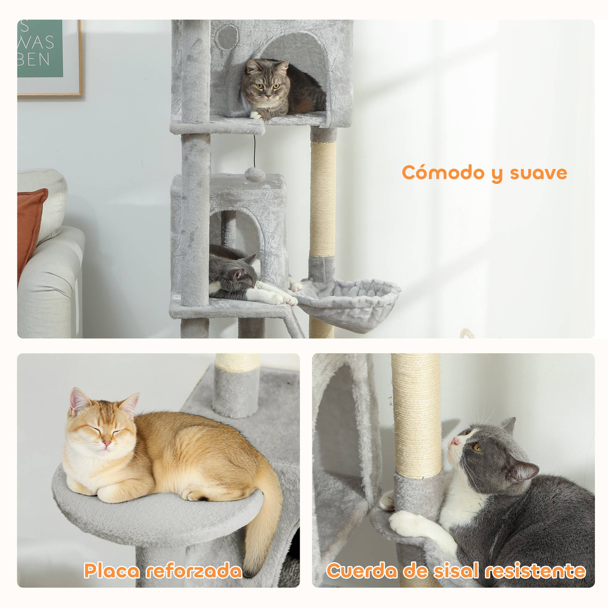 Grand Arbre à Chat 180cm Tour de Jeu avec 2 Niches Hamac et Plateformes Gris Clair - ComfortXL Outdoor Living - Image 9