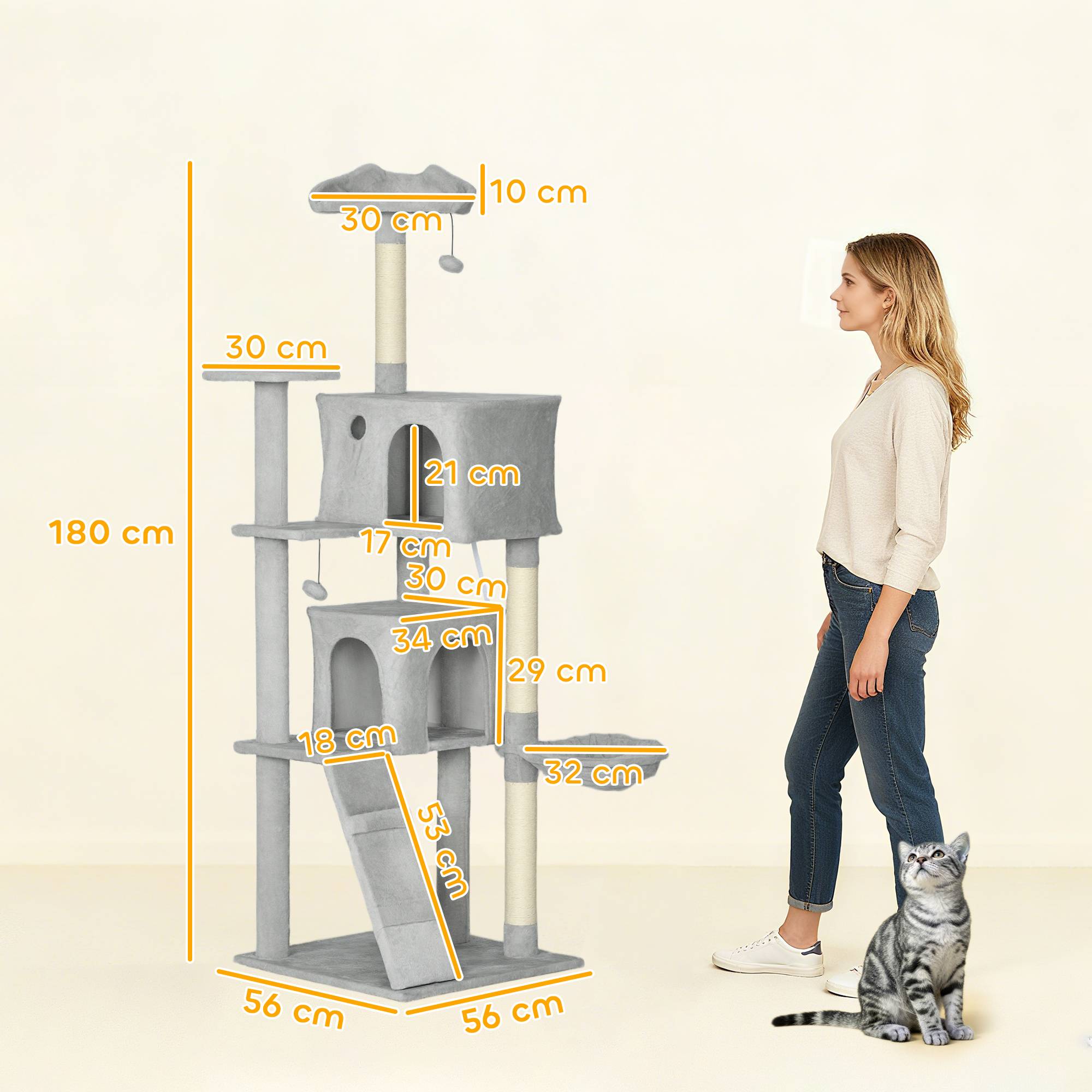Grand Arbre à Chat 180cm Tour de Jeu avec 2 Niches Hamac et Plateformes Gris Clair - ComfortXL Outdoor Living - Image 5