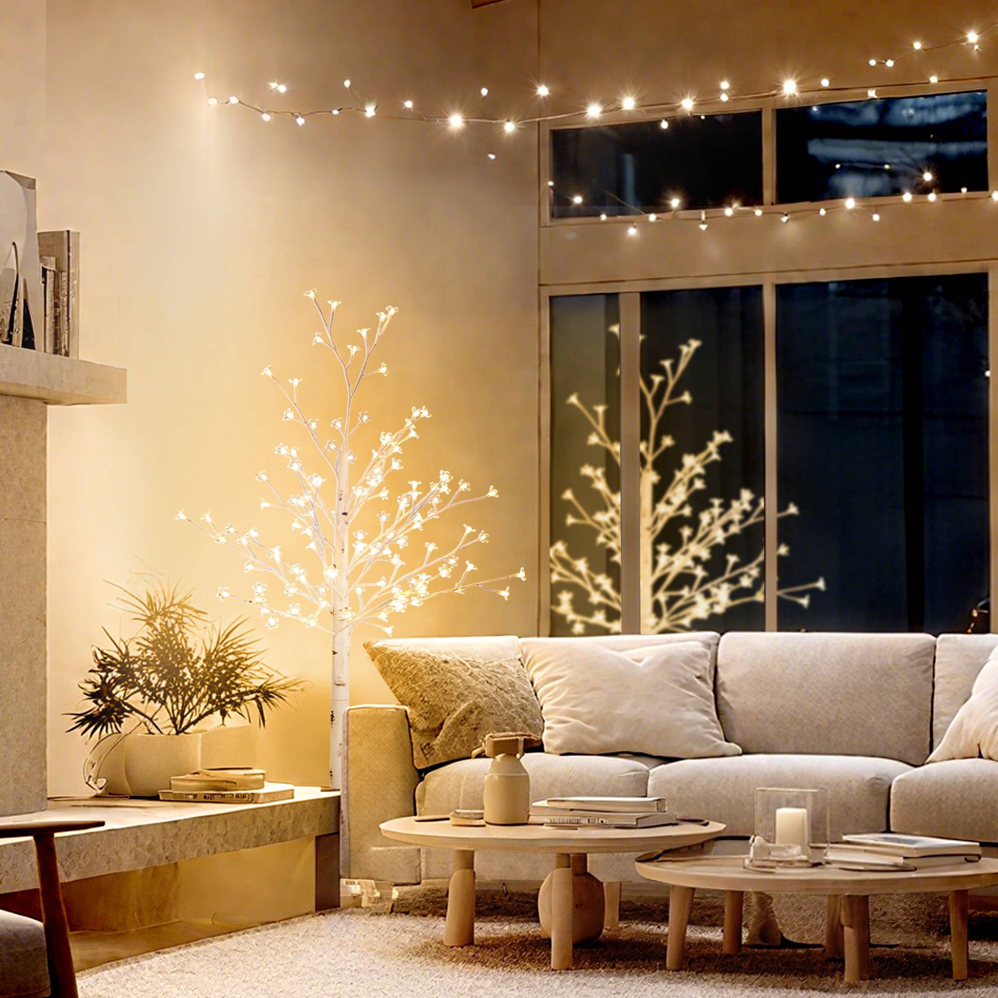 ComfortXL - Arbre lumineux LED en plastique blanc 150 cm pour intérieur et extérieur couvert 120 LED blanc chaud dimmables - Image 8